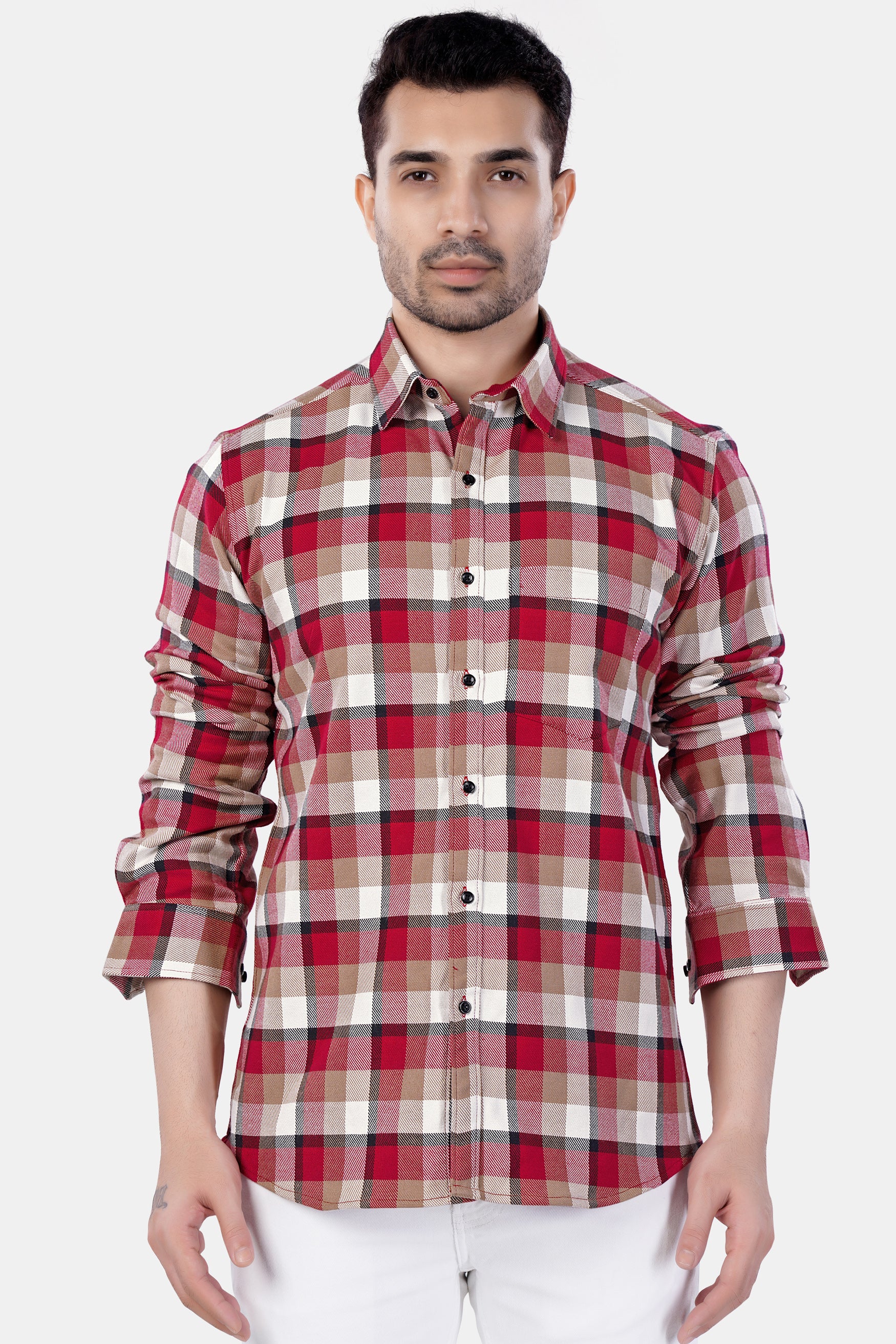 Carmine Red with Beaver Brown and White Plaid Premium Cotton Shirt