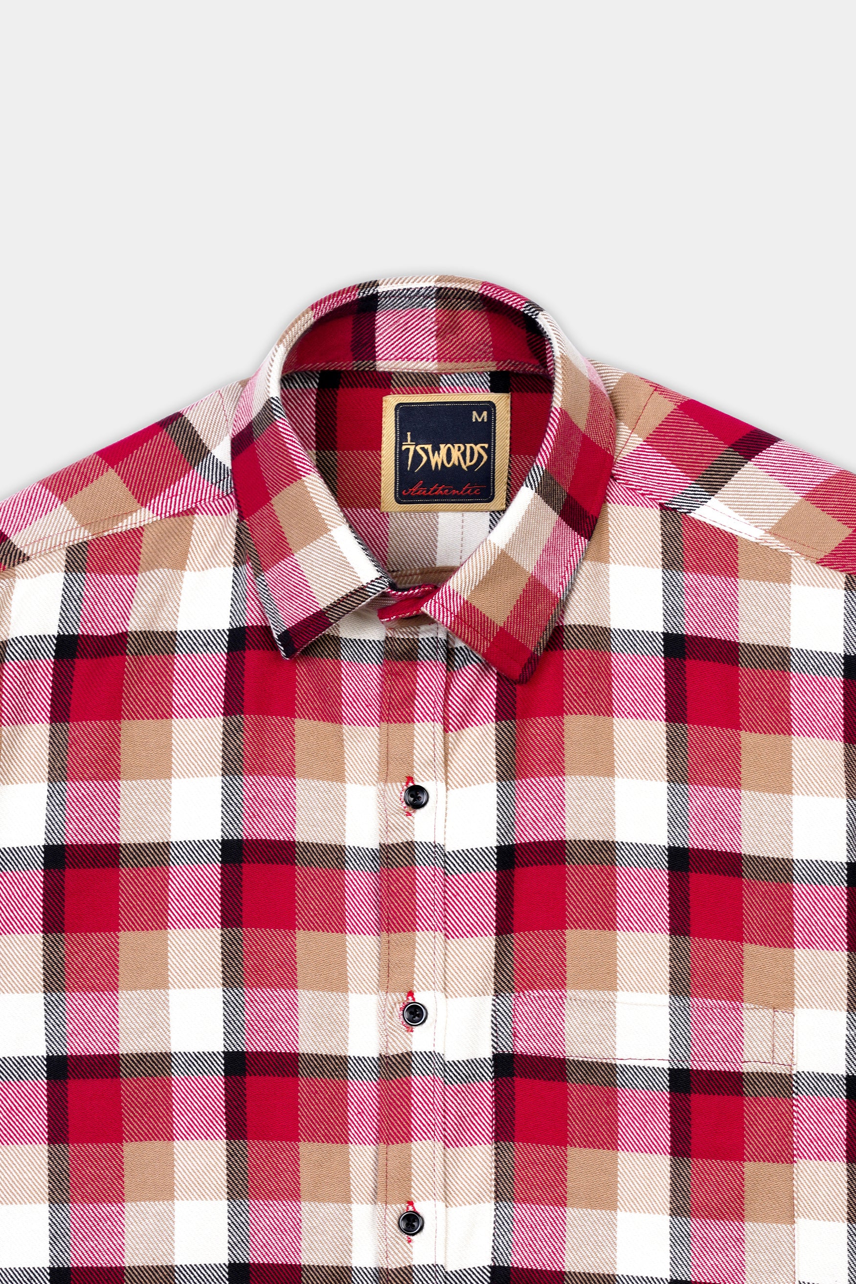 Carmine Red with Beaver Brown and White Plaid Premium Cotton Shirt