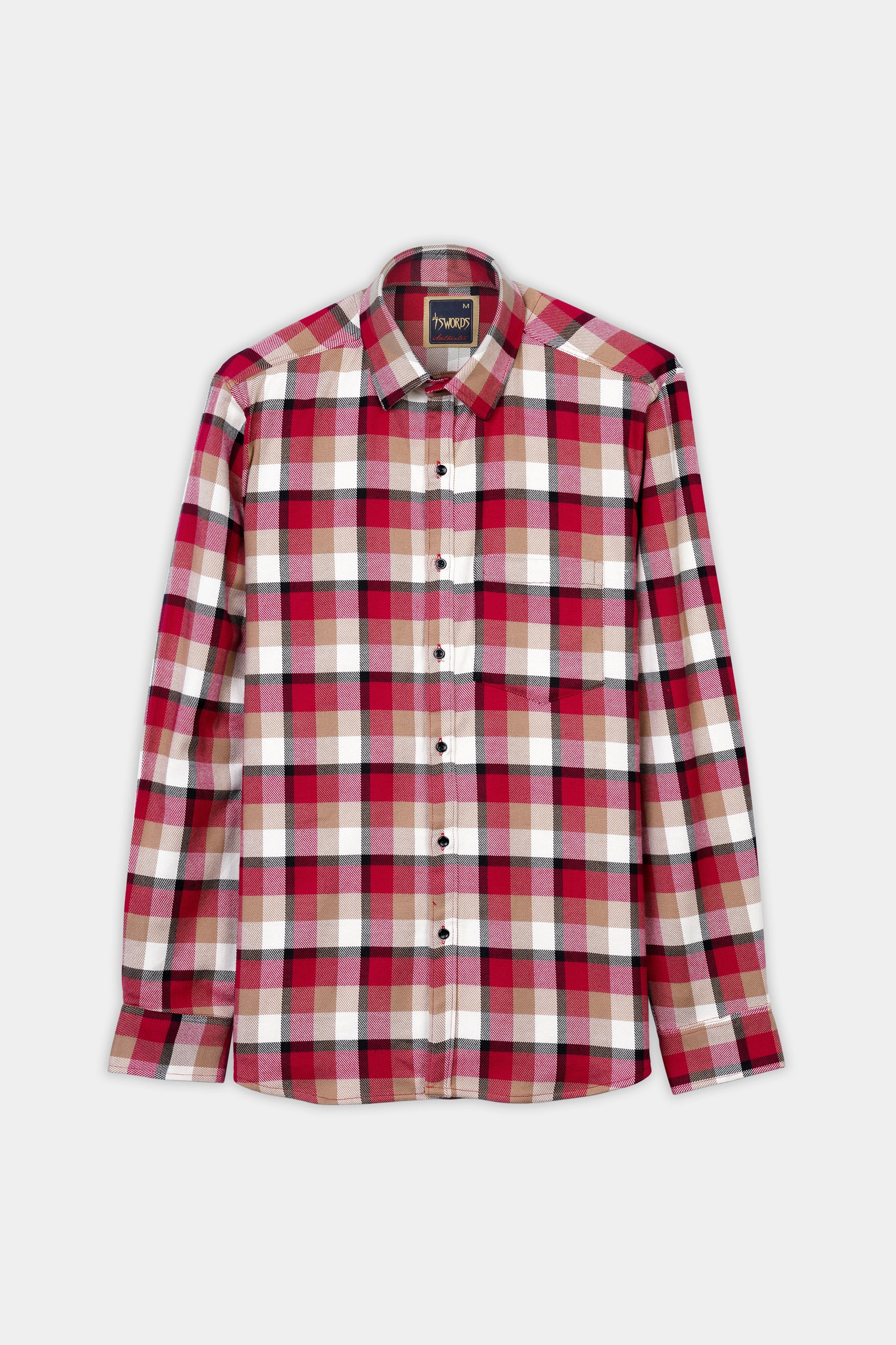 Carmine Red with Beaver Brown and White Plaid Premium Cotton Shirt