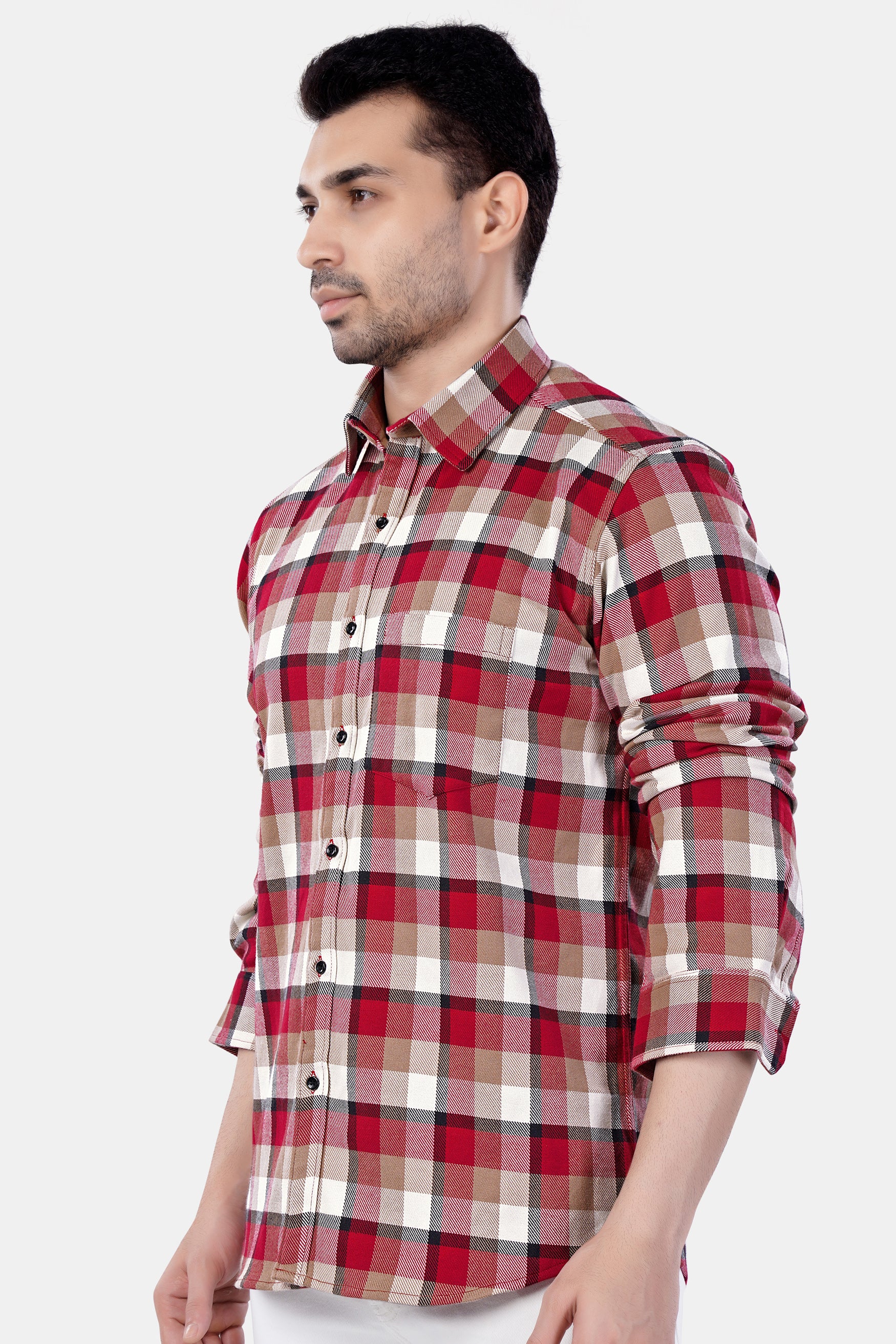 Carmine Red with Beaver Brown and White Plaid Premium Cotton Shirt