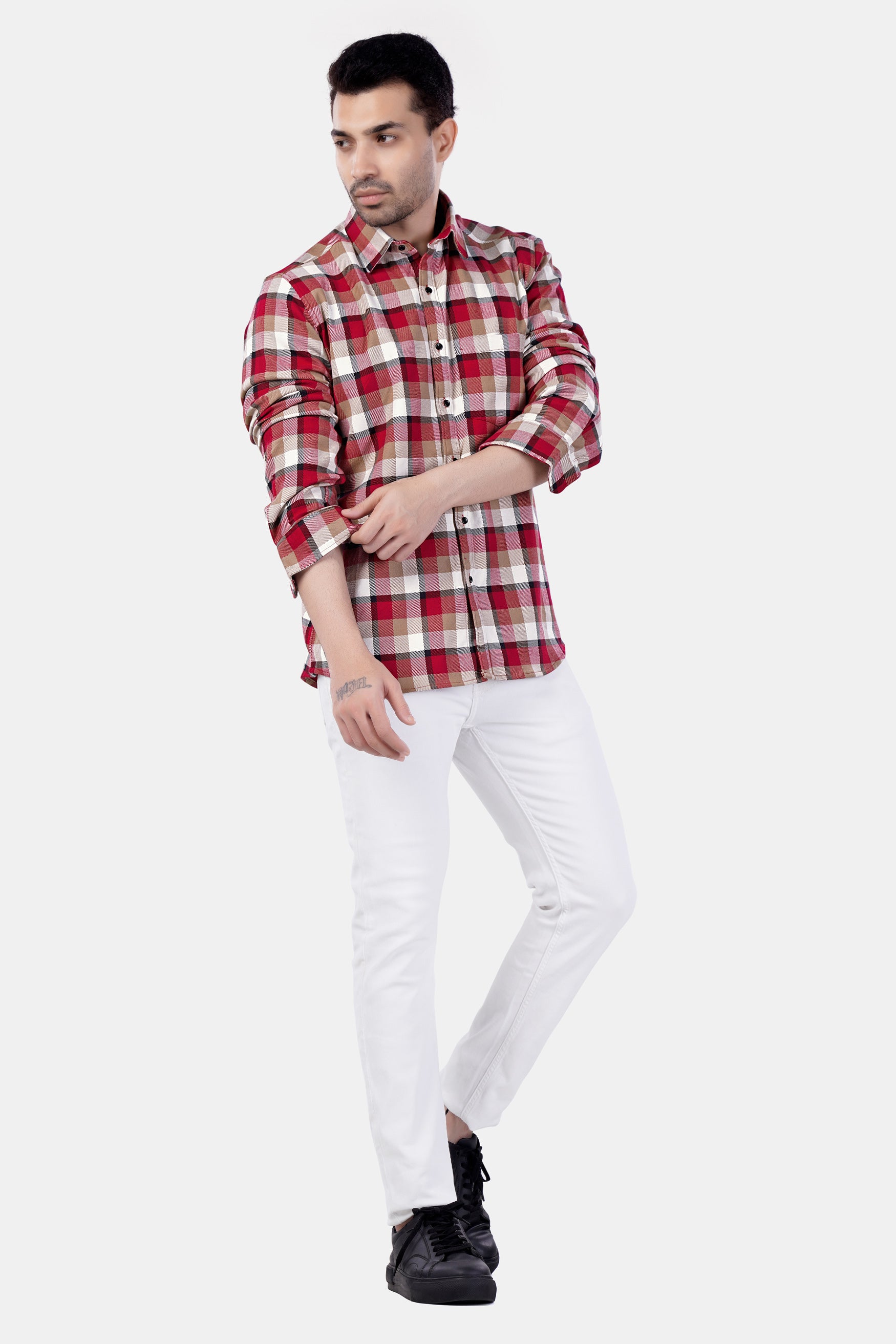 Carmine Red with Beaver Brown and White Plaid Premium Cotton Shirt