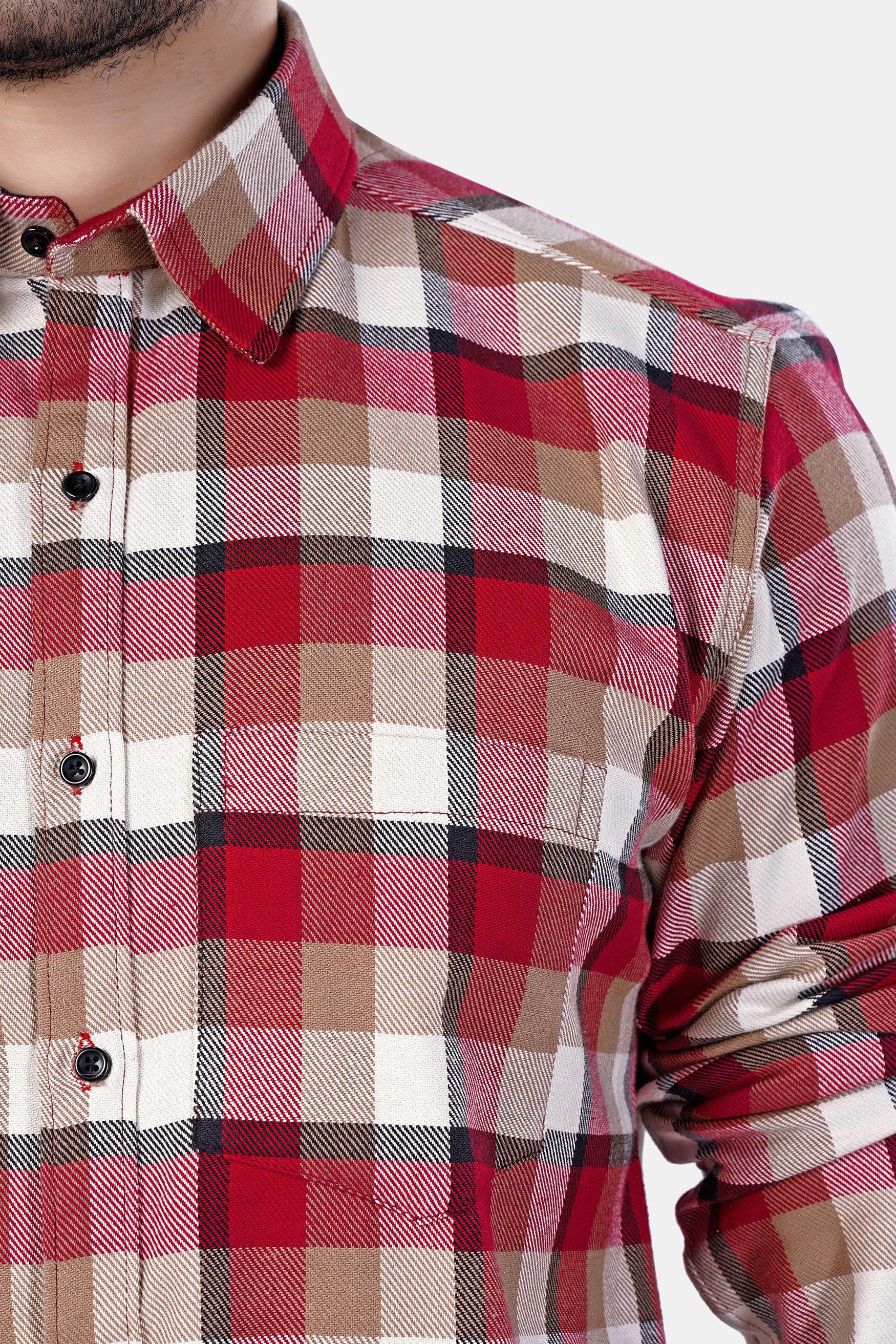 Carmine Red with Beaver Brown and White Plaid Premium Cotton Shirt