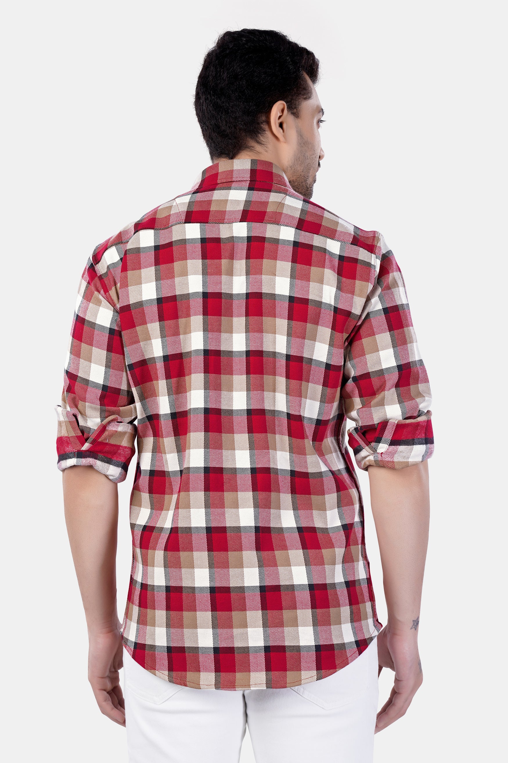 Carmine Red with Beaver Brown and White Plaid Premium Cotton Shirt