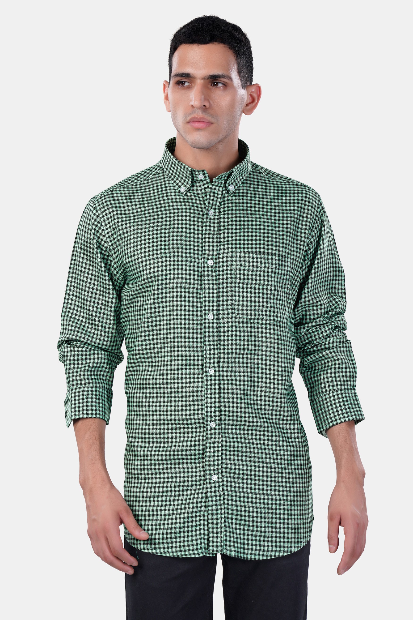 Cascade Green and Baltic Sea Blue Gingham Checkered Premium Cotton Button Down Shirt