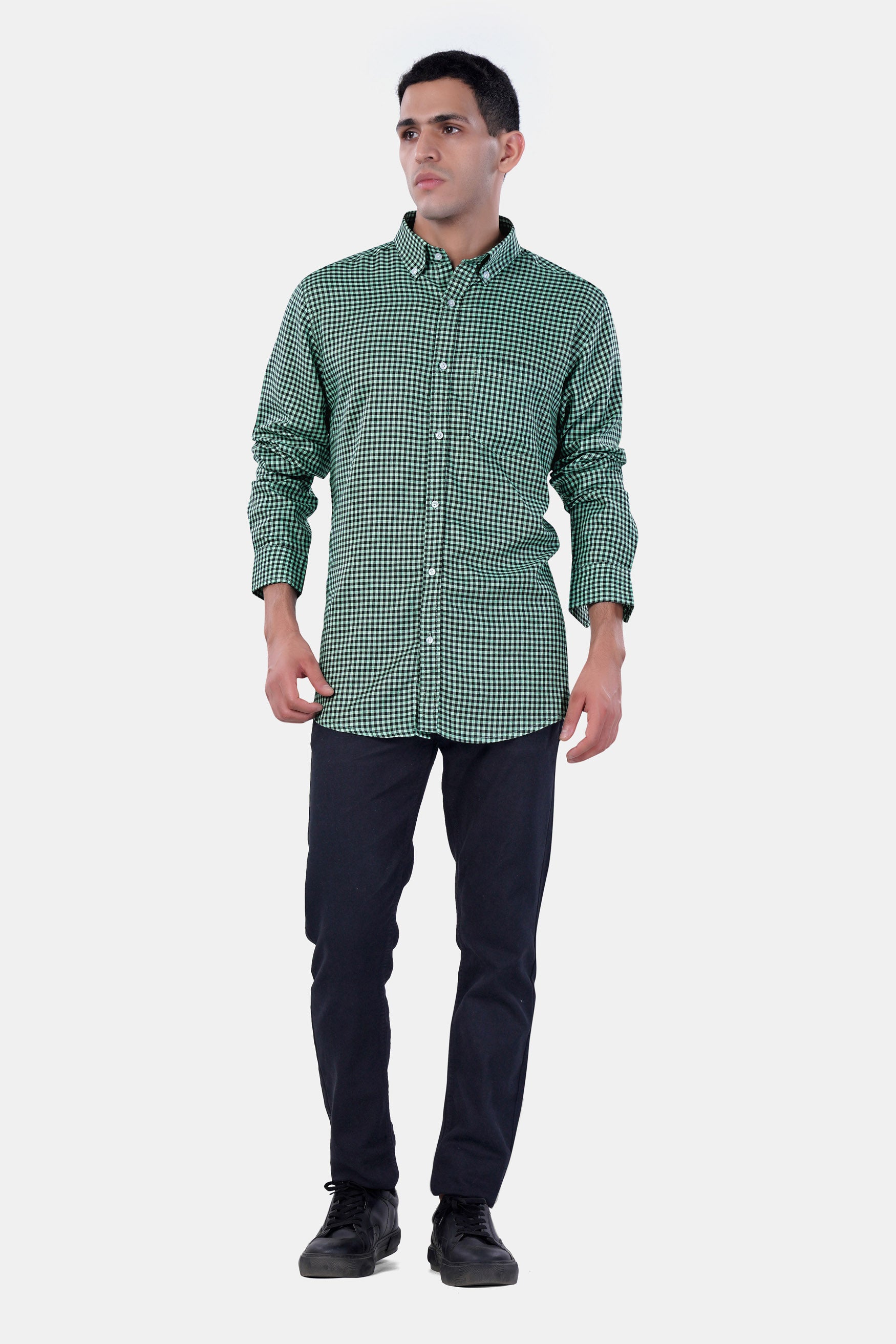 Cascade Green and Baltic Sea Blue Gingham Checkered Premium Cotton Button Down Shirt