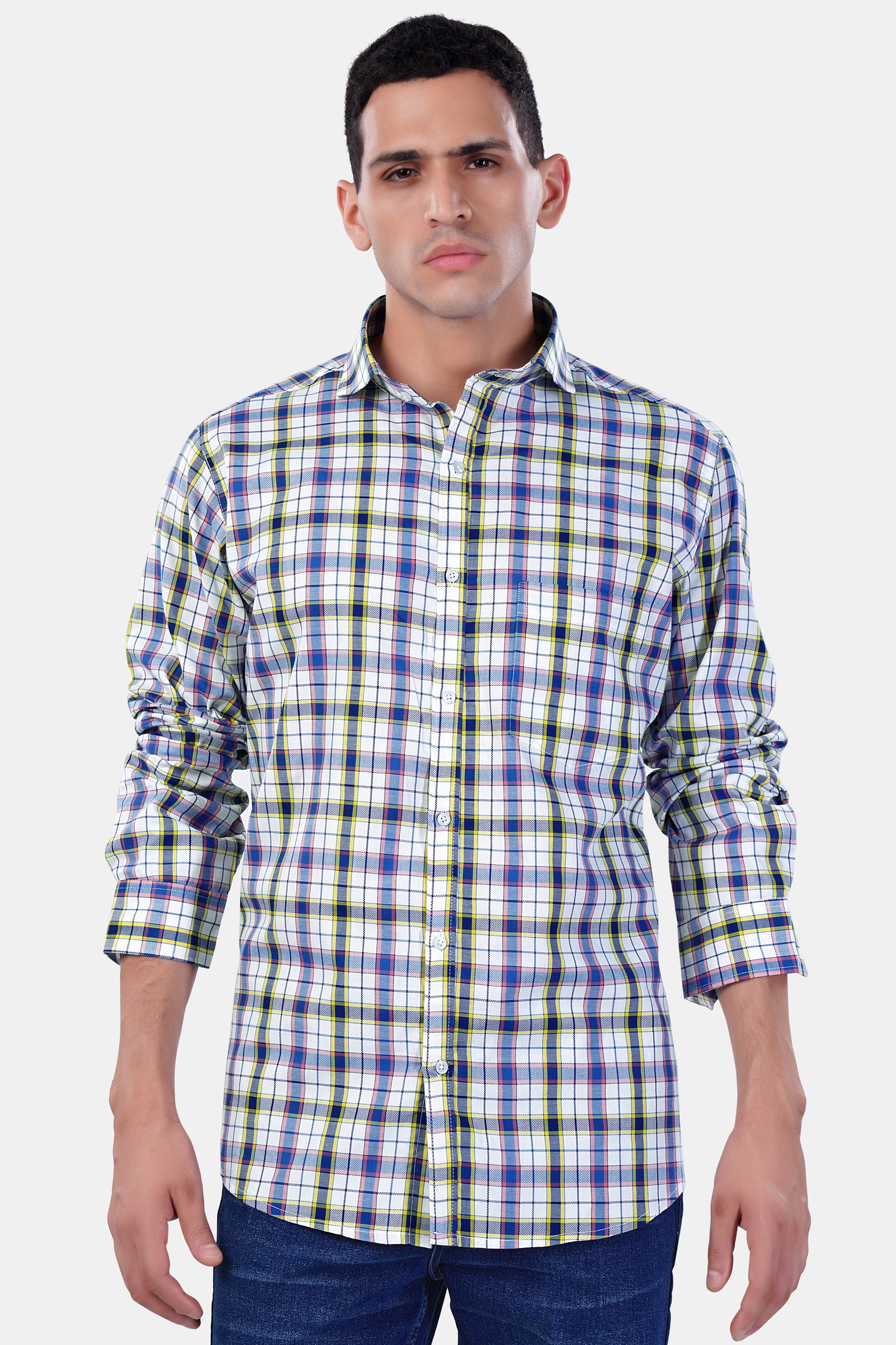 Bright White and Lapis Blue Multicolour Checkered Premium Cotton Shirt