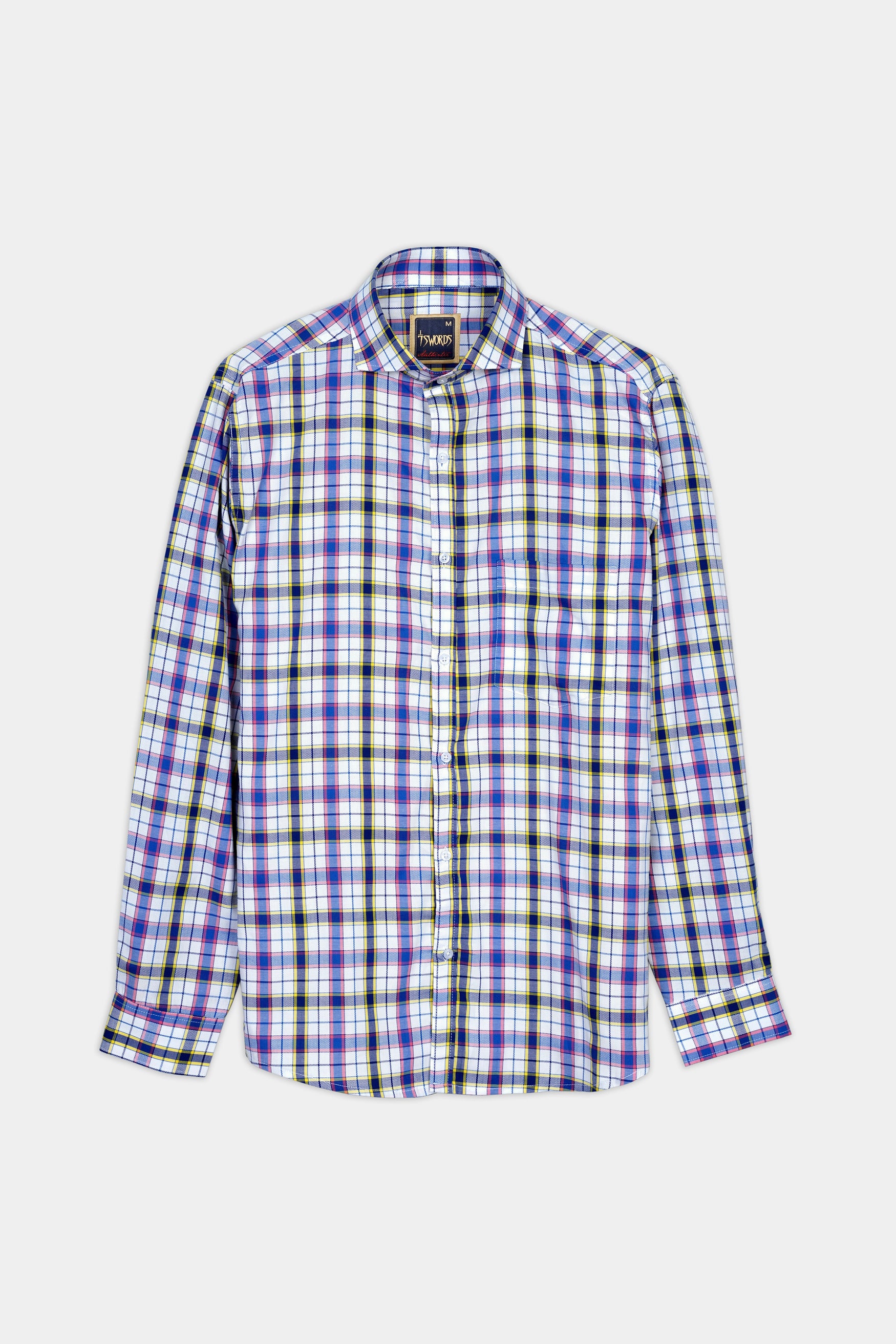 Bright White and Lapis Blue Multicolour Checkered Premium Cotton Shirt