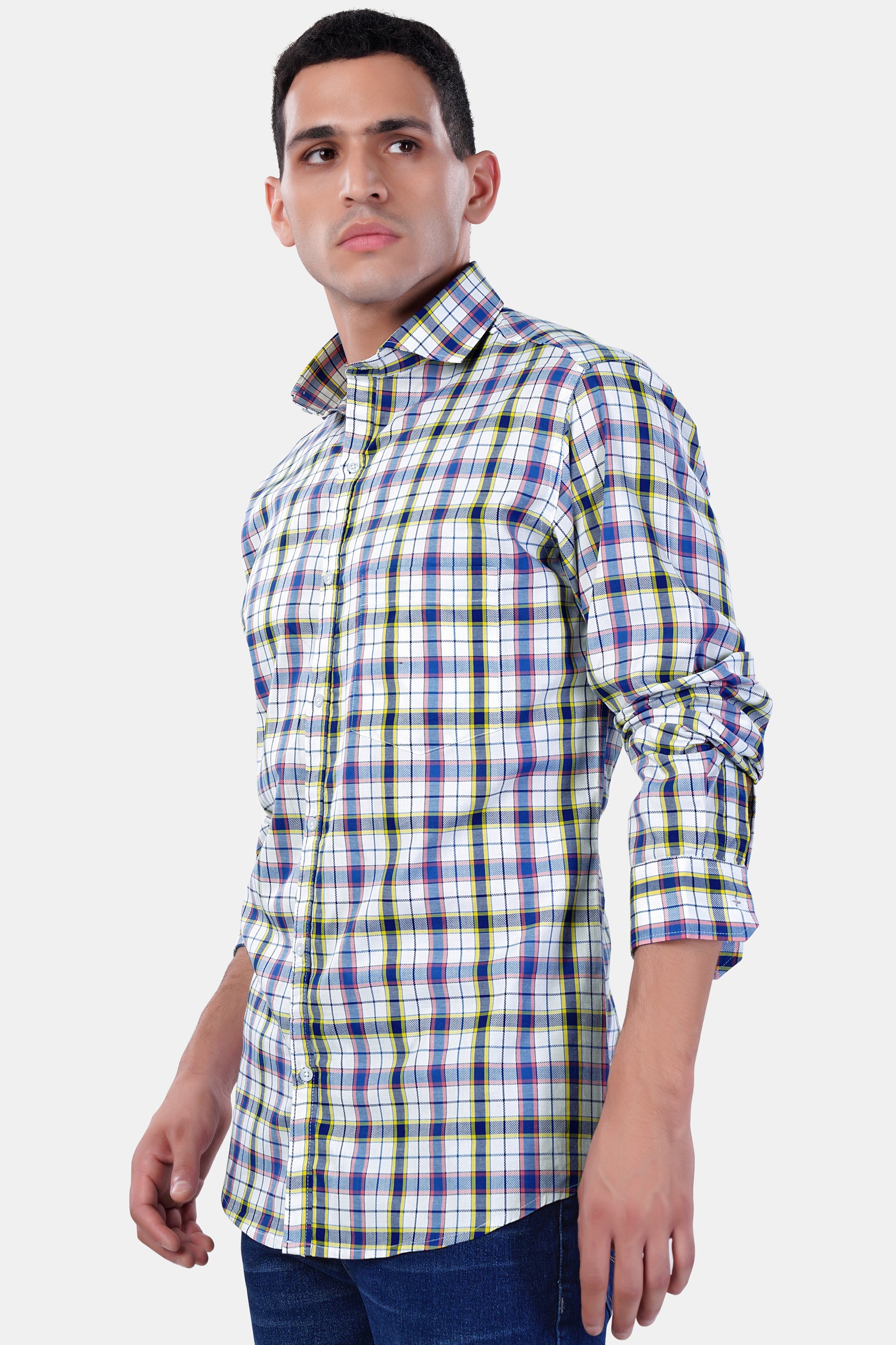 Bright White and Lapis Blue Multicolour Checkered Premium Cotton Shirt