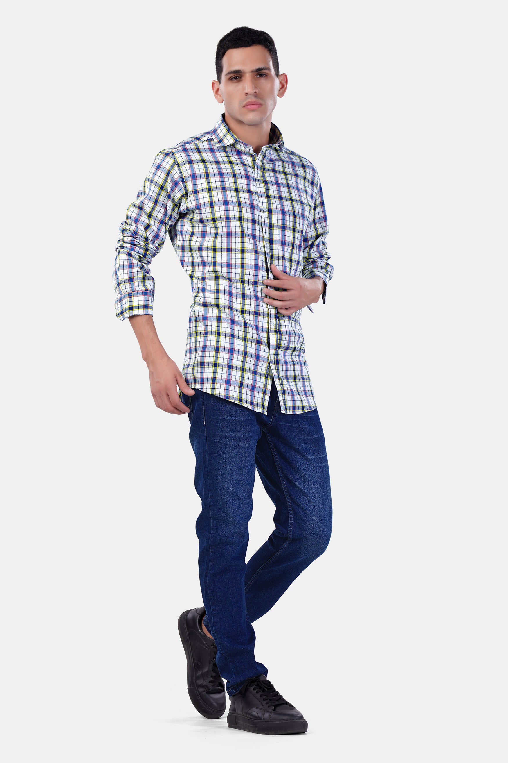 Bright White and Lapis Blue Multicolour Checkered Premium Cotton Shirt