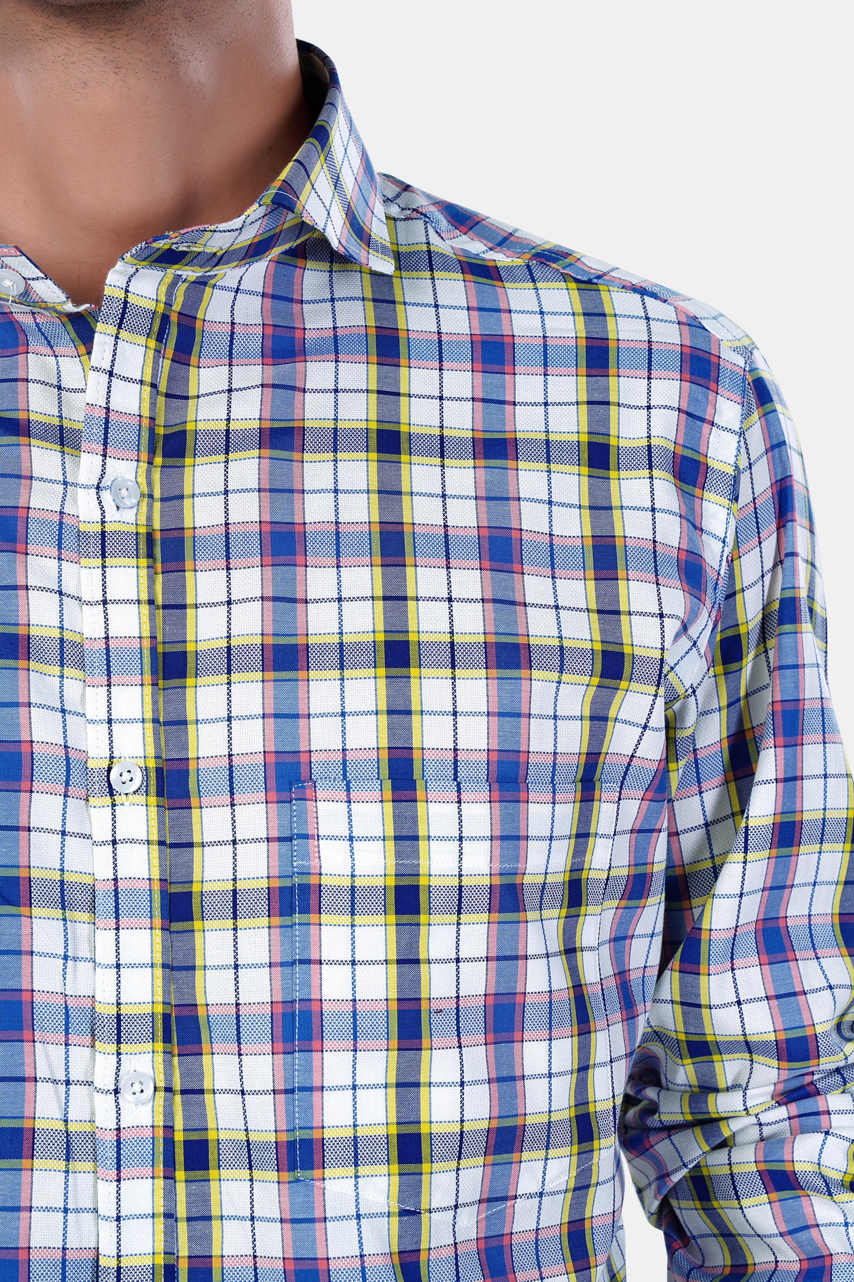 Bright White and Lapis Blue Multicolour Checkered Premium Cotton Shirt