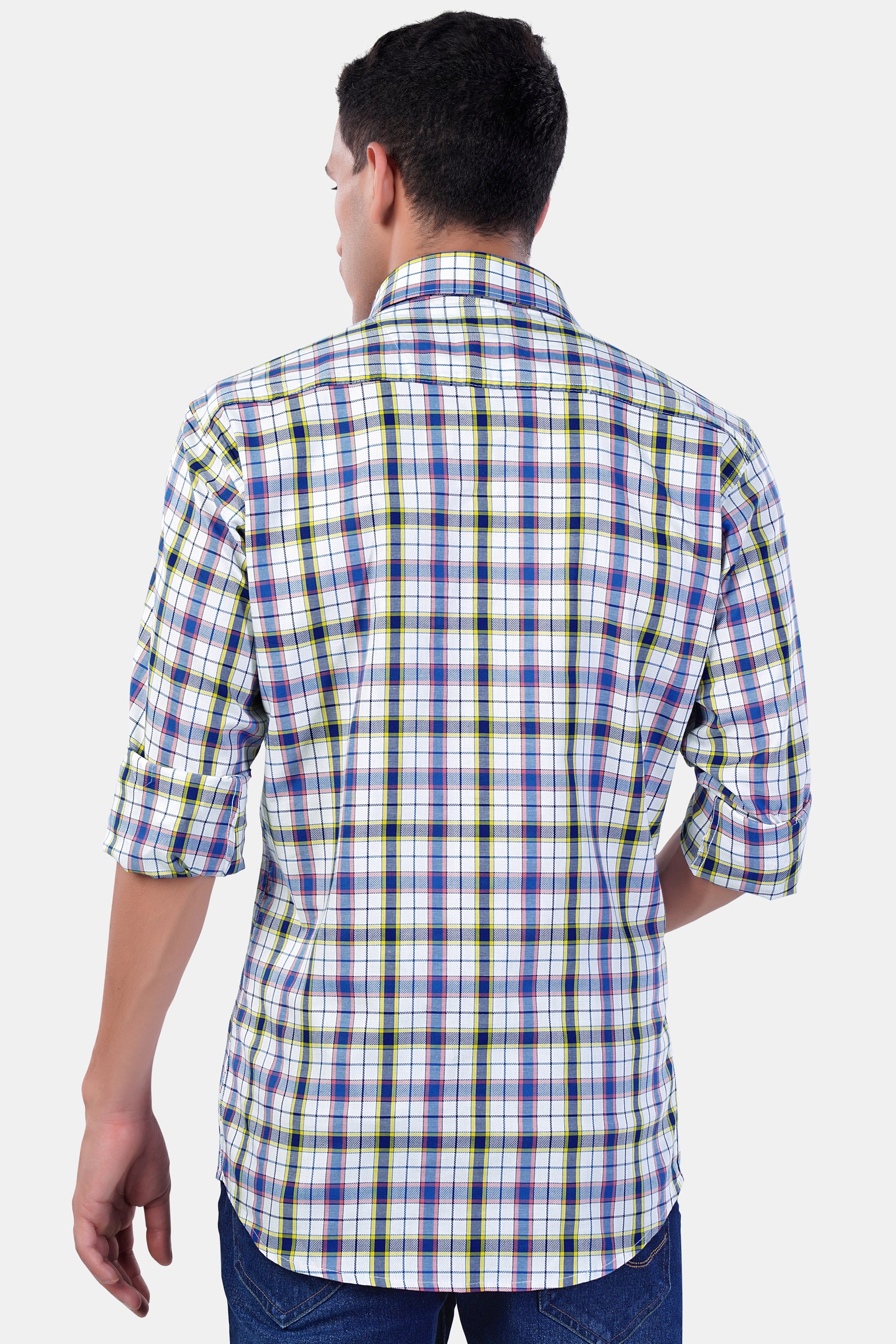 Bright White and Lapis Blue Multicolour Checkered Premium Cotton Shirt