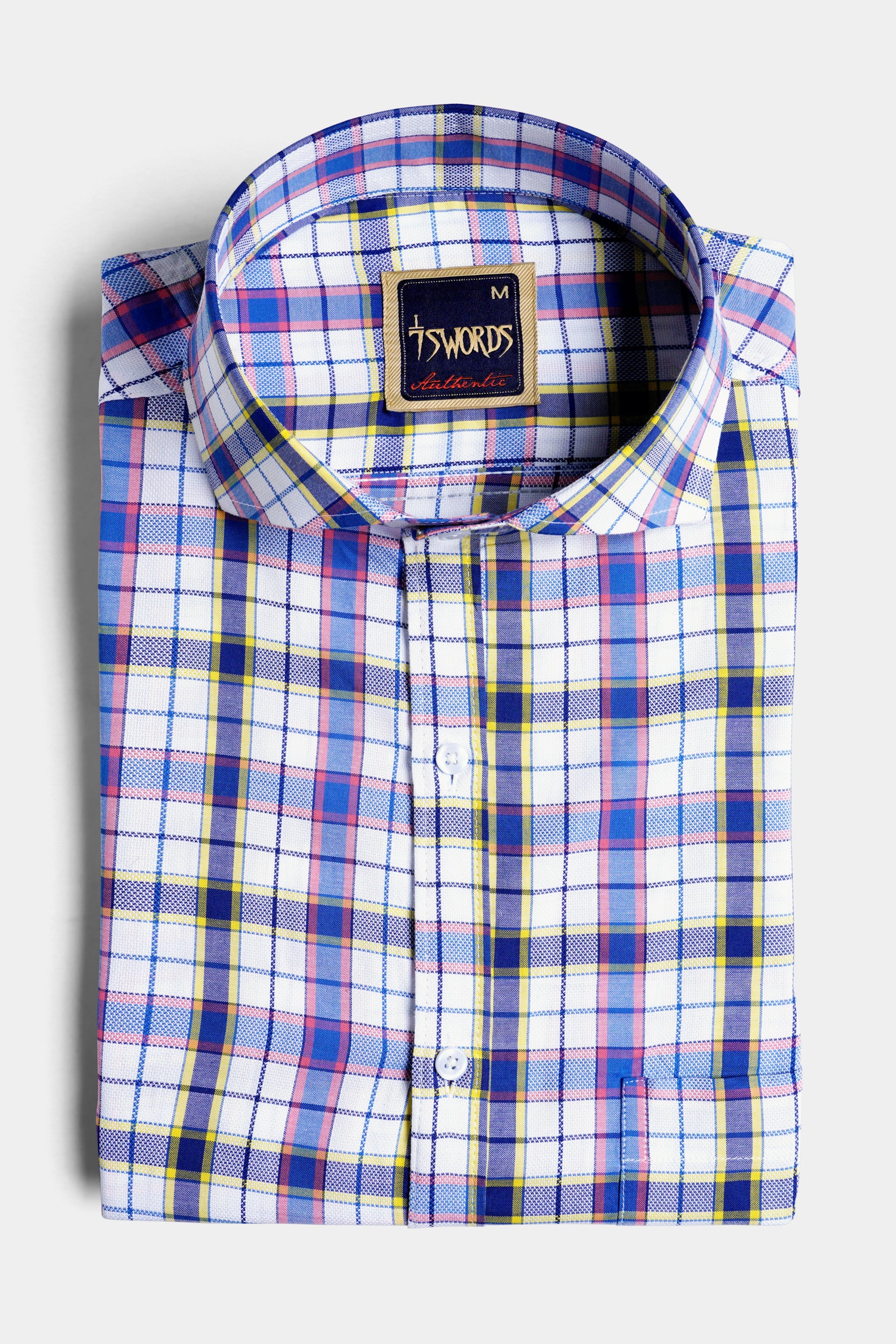 Bright White and Lapis Blue Multicolour Checkered Premium Cotton Shirt