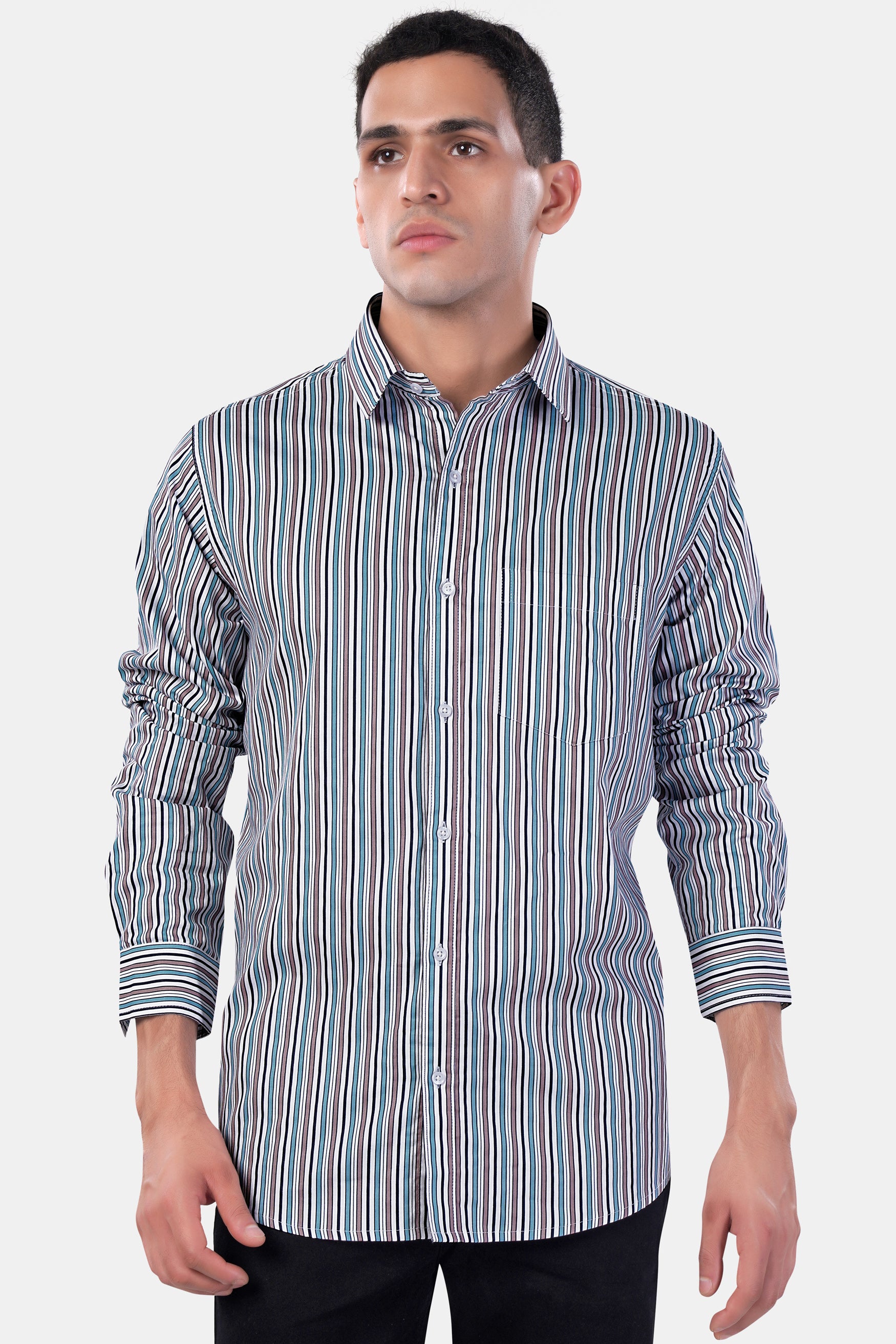 Opium Brown with White and Wedgewood Blue Multicolour Striped Premium Cotton Shirt