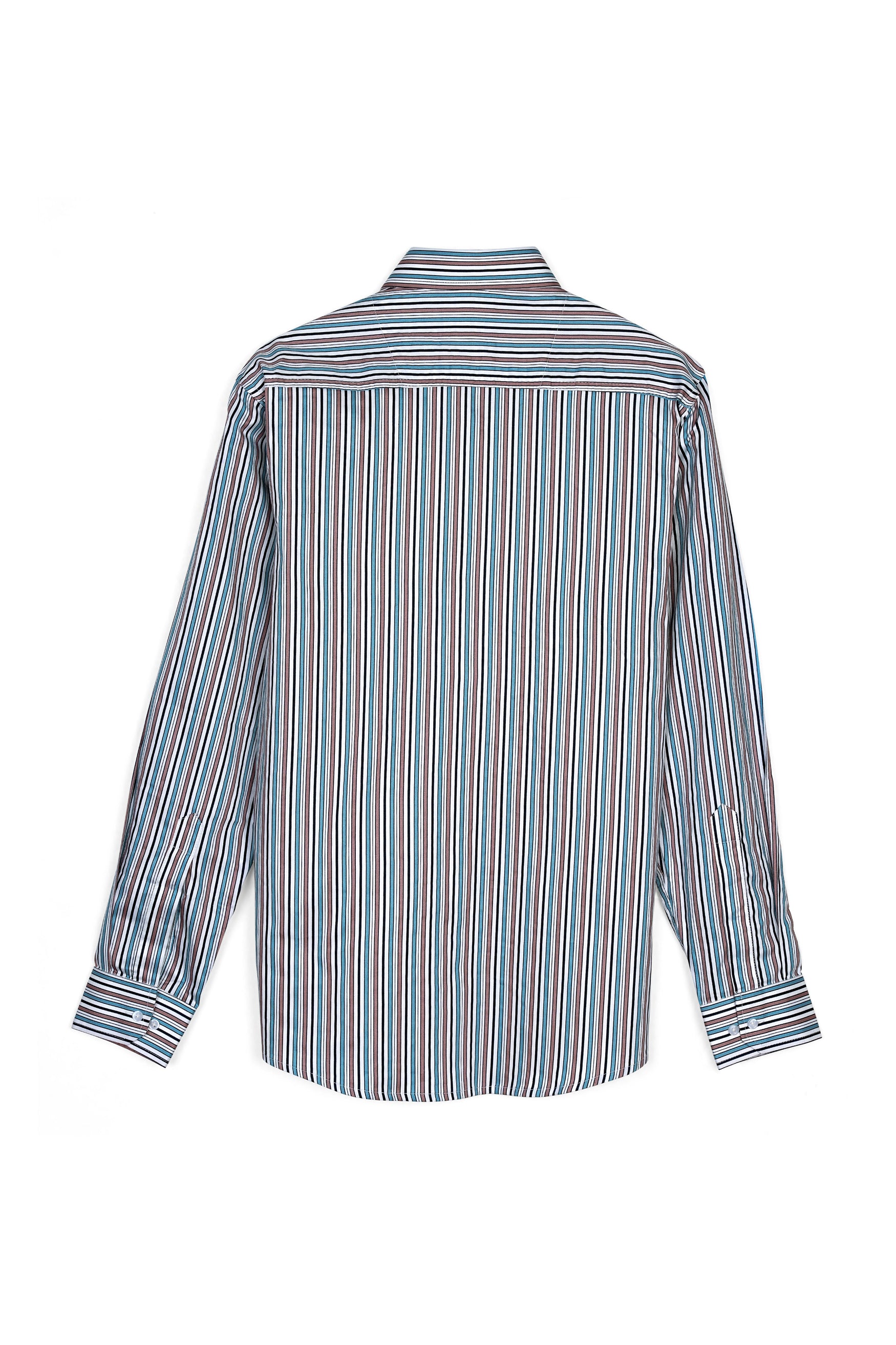 Opium Brown with White and Wedgewood Blue Multicolour Striped Premium Cotton Shirt