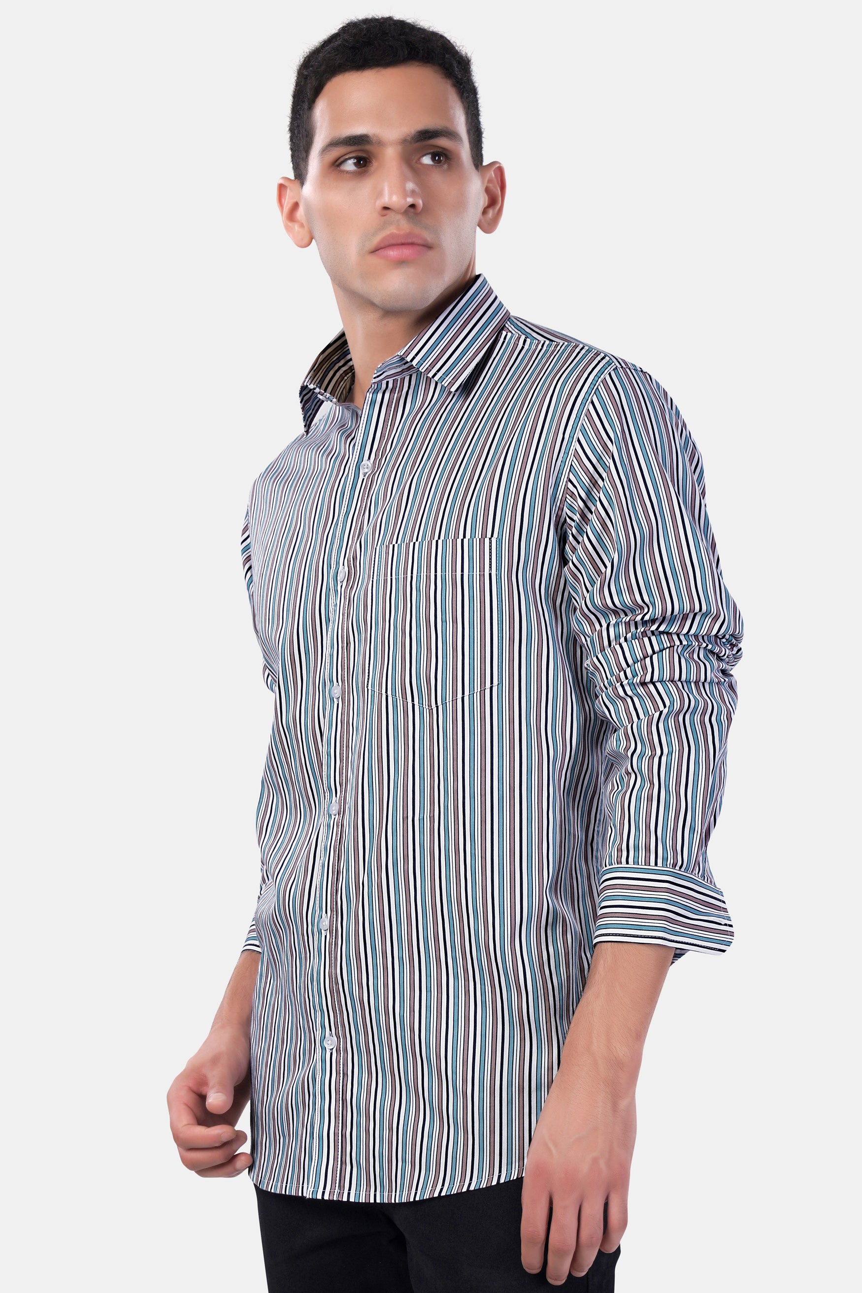 Opium Brown with White and Wedgewood Blue Multicolour Striped Premium Cotton Shirt