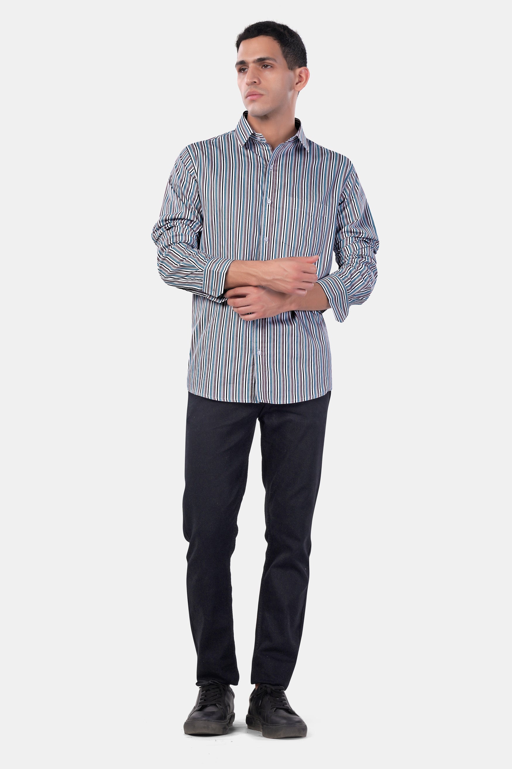 Opium Brown with White and Wedgewood Blue Multicolour Striped Premium Cotton Shirt