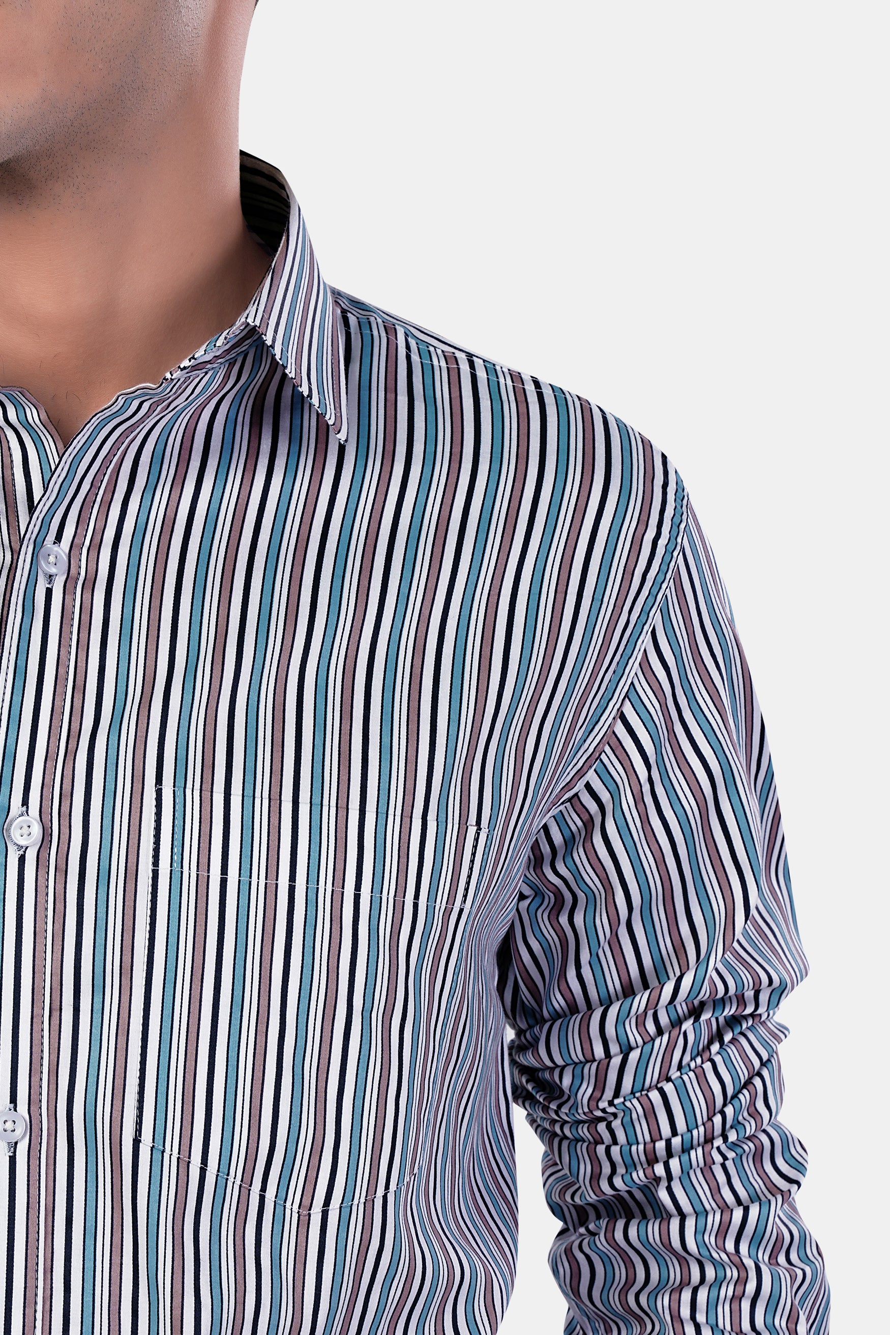 Opium Brown with White and Wedgewood Blue Multicolour Striped Premium Cotton Shirt