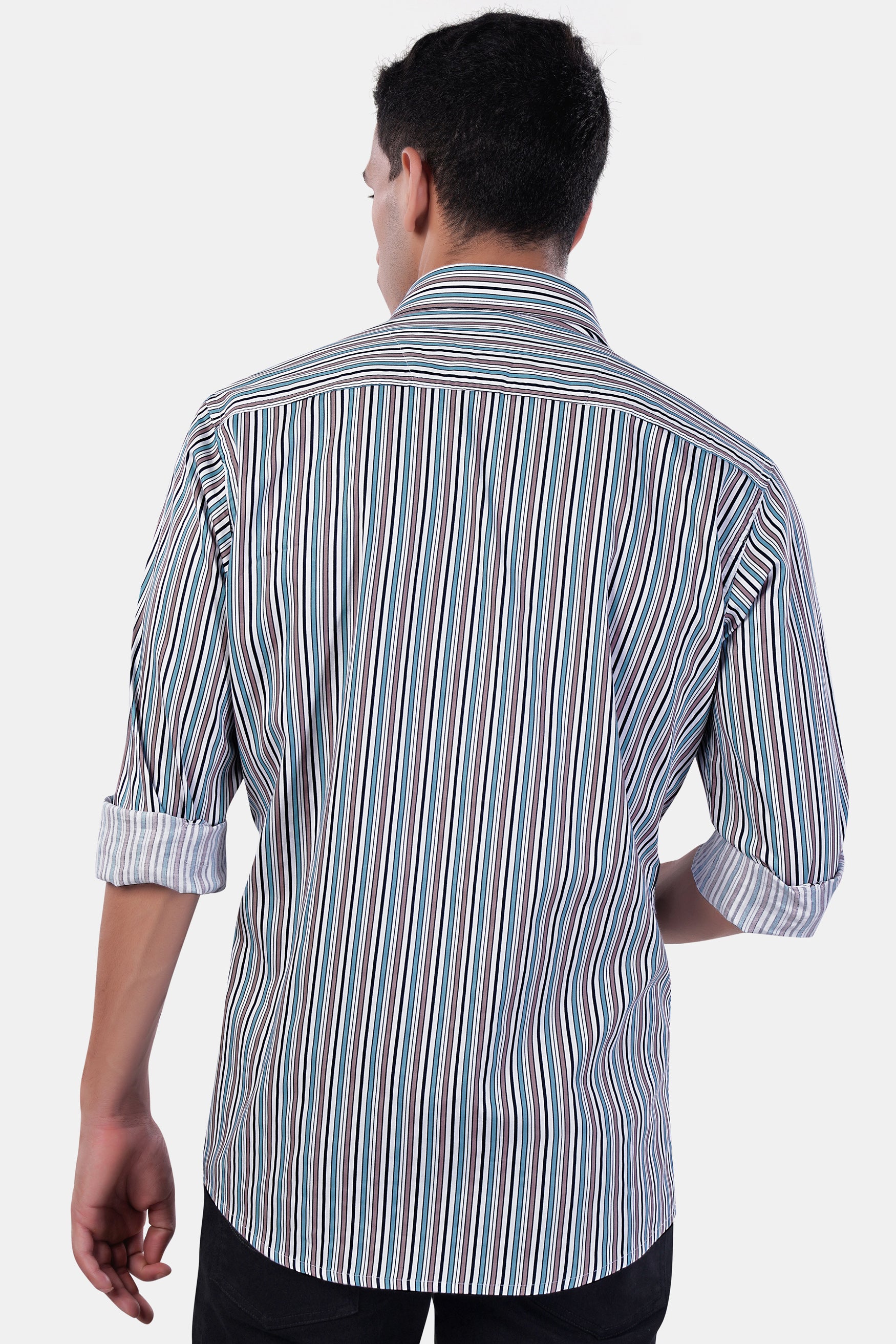 Opium Brown with White and Wedgewood Blue Multicolour Striped Premium Cotton Shirt