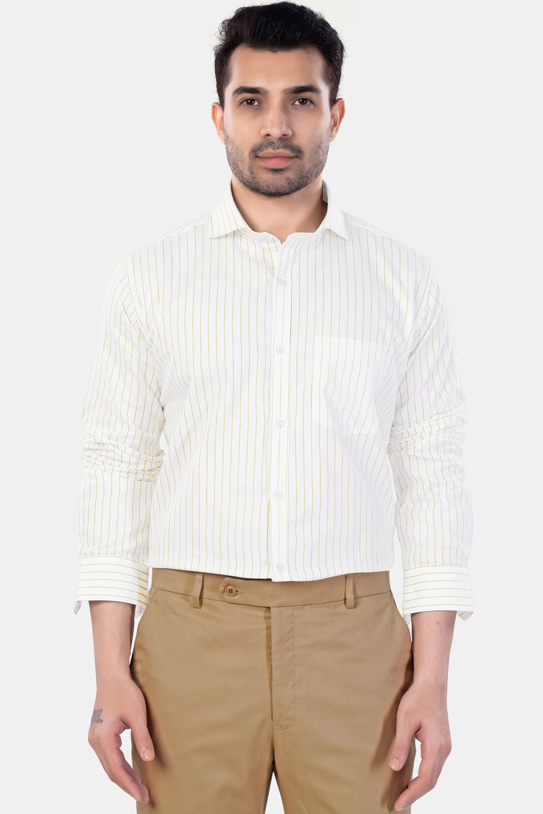 Bright White and Sandy Yellow Striped Premium Cotton Shirt