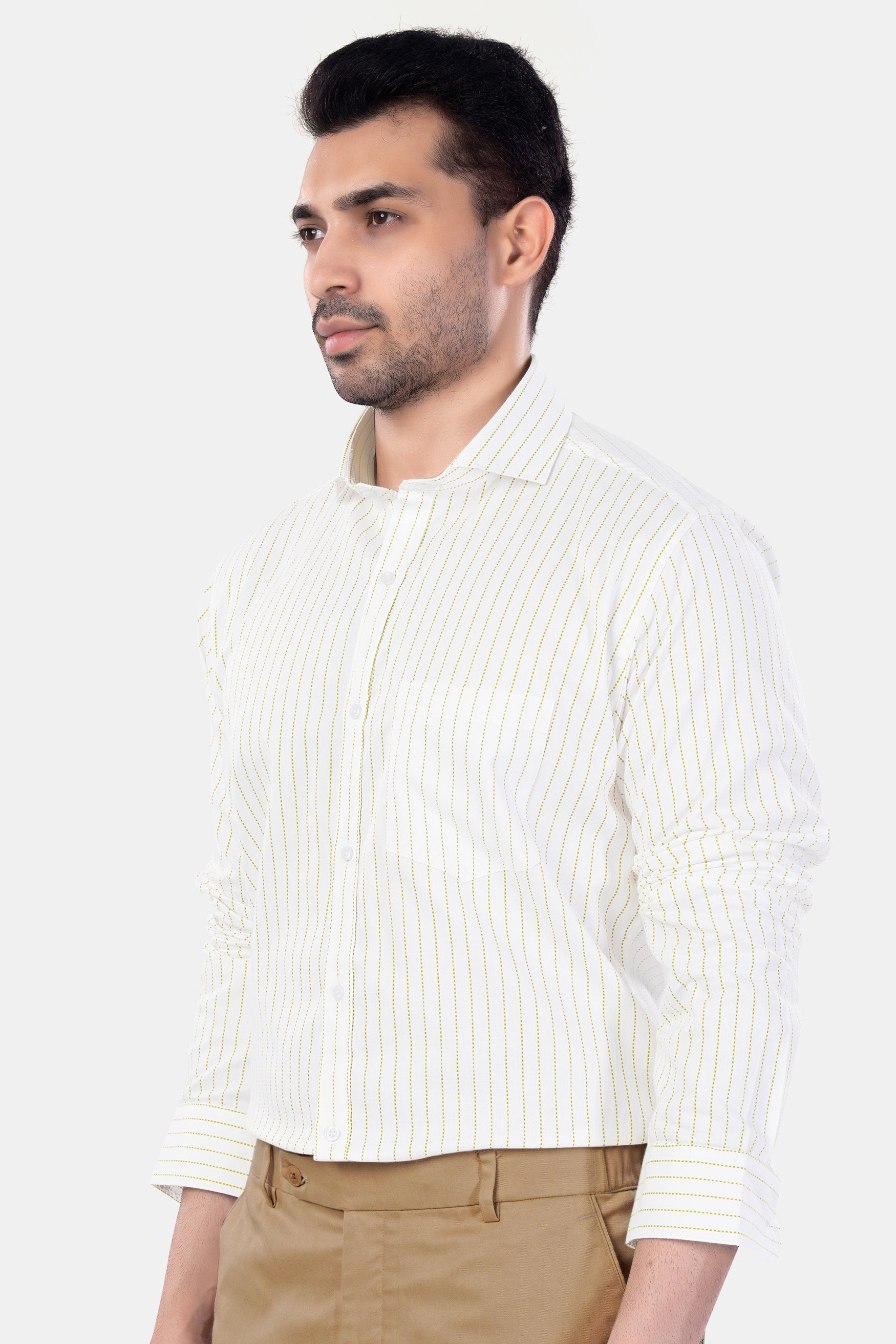 Bright White and Sandy Yellow Striped Premium Cotton Shirt