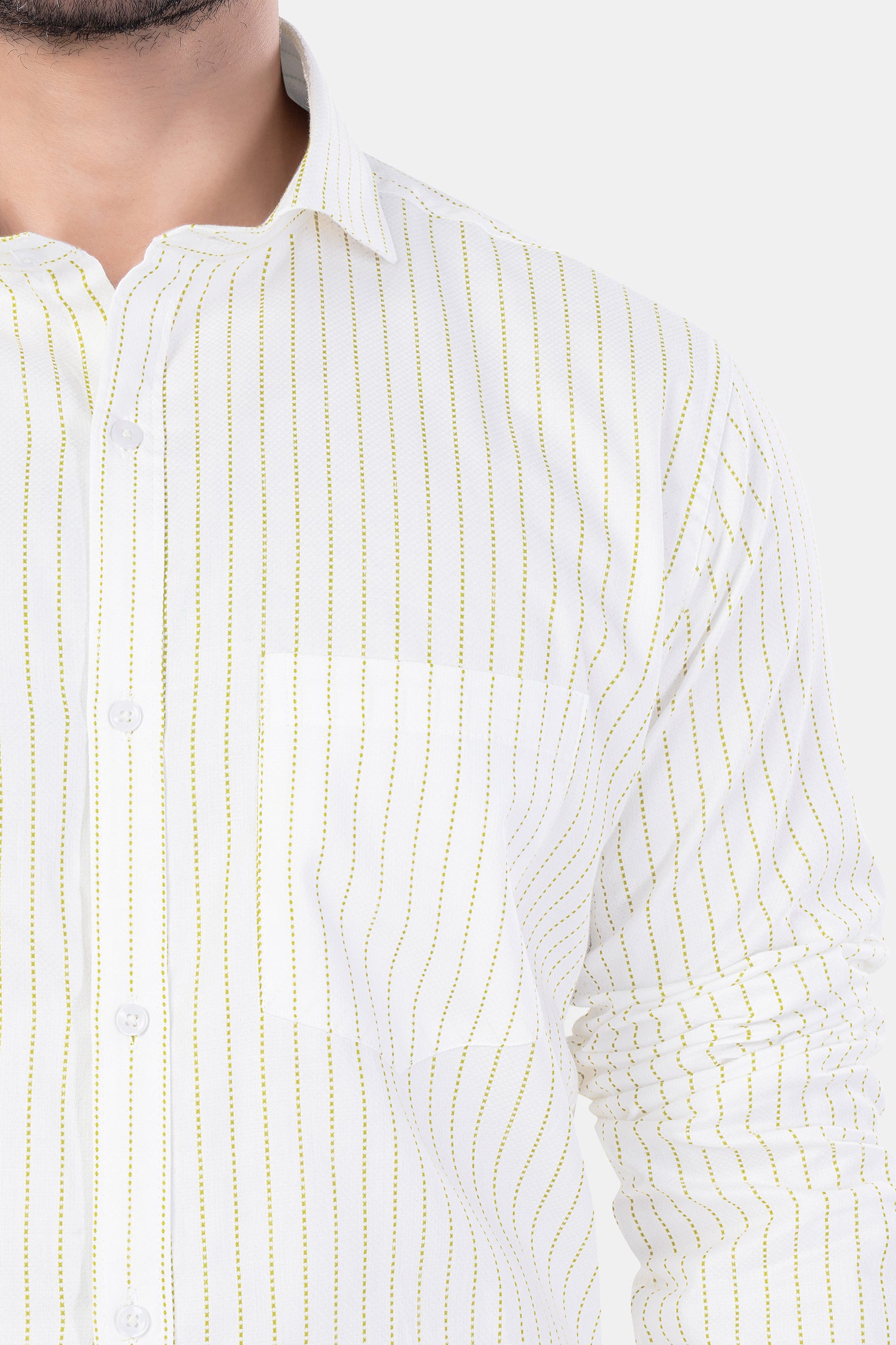 Bright White and Sandy Yellow Striped Premium Cotton Shirt