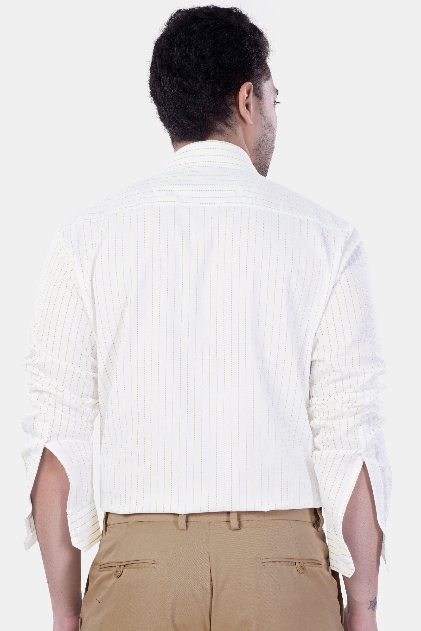 Bright White and Sandy Yellow Striped Premium Cotton Shirt