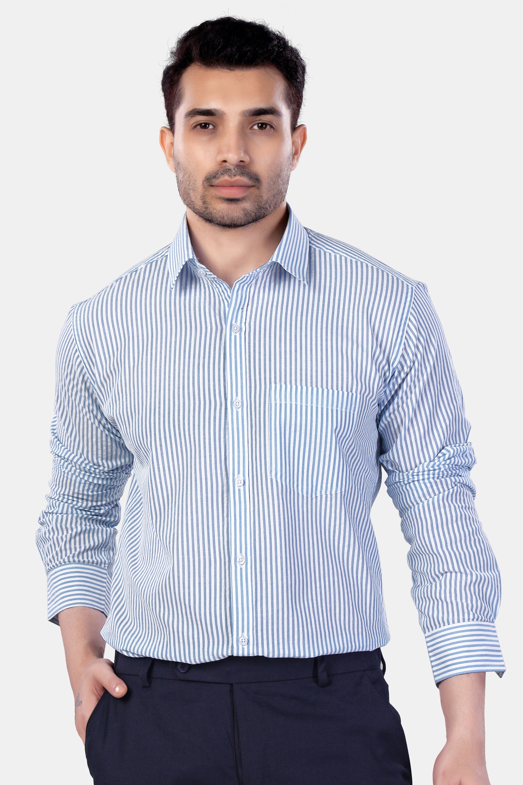 Perano Blue and White Striped Premium Cotton Shirt