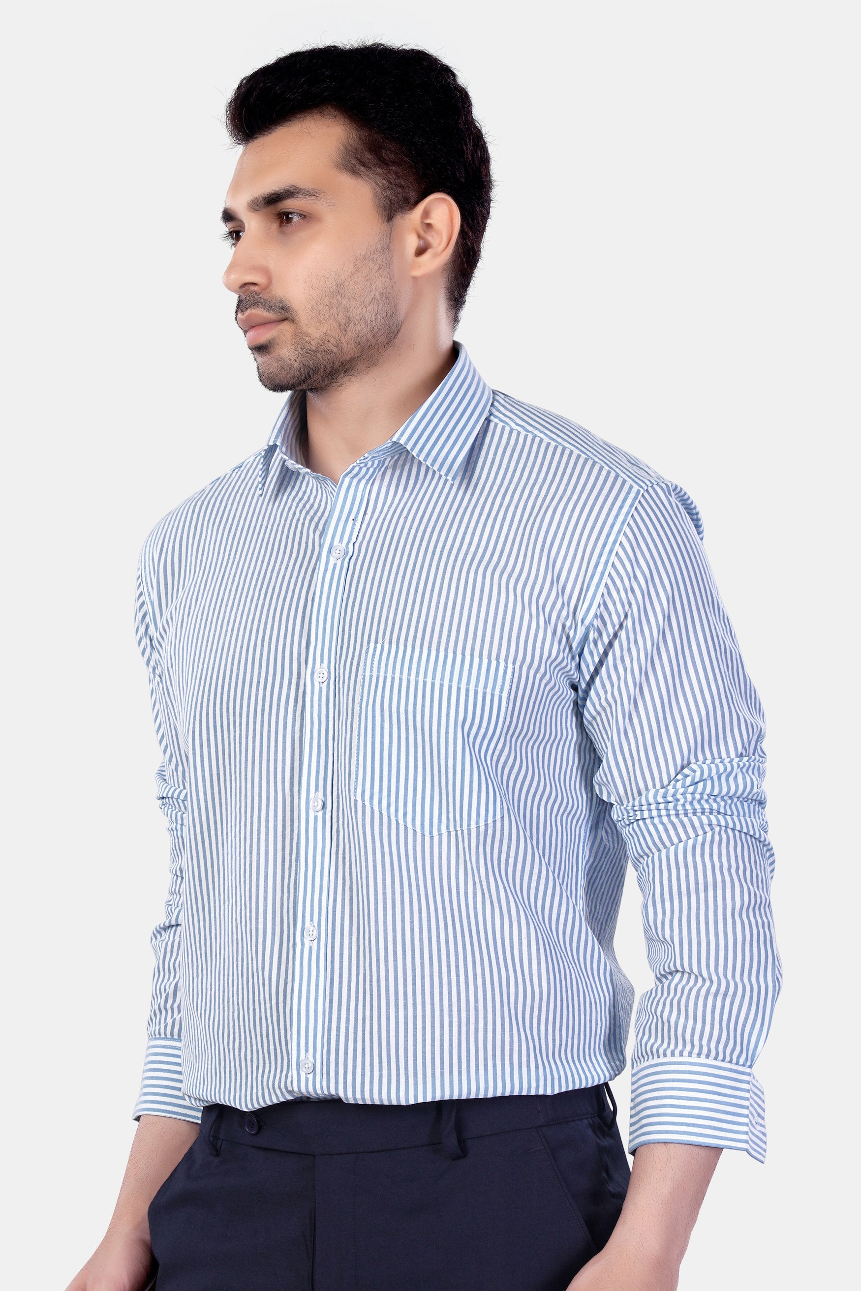 Perano Blue and White Striped Premium Cotton Shirt