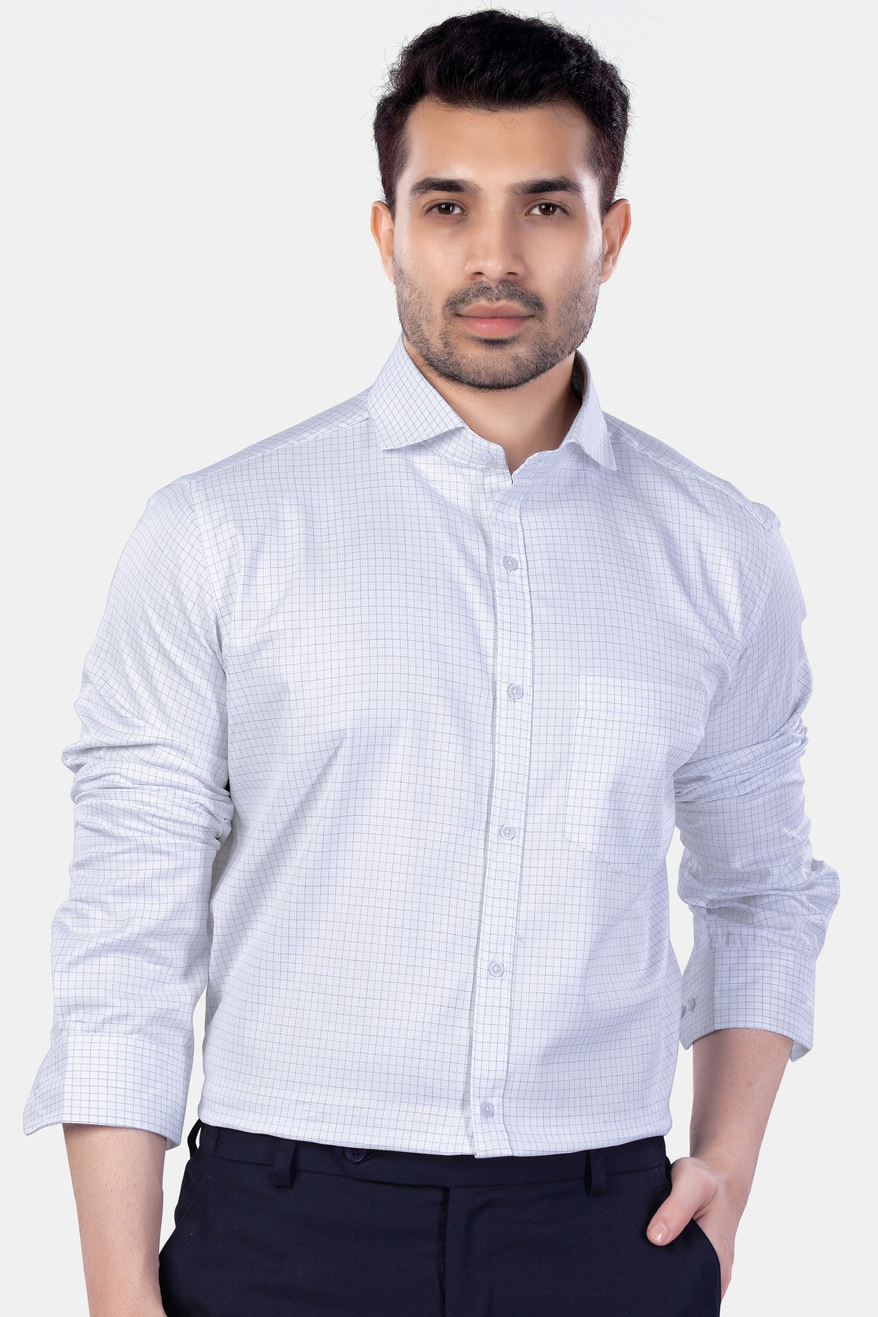 Bright White and Cloud Burst Blue Checkered Premium Cotton Shirt