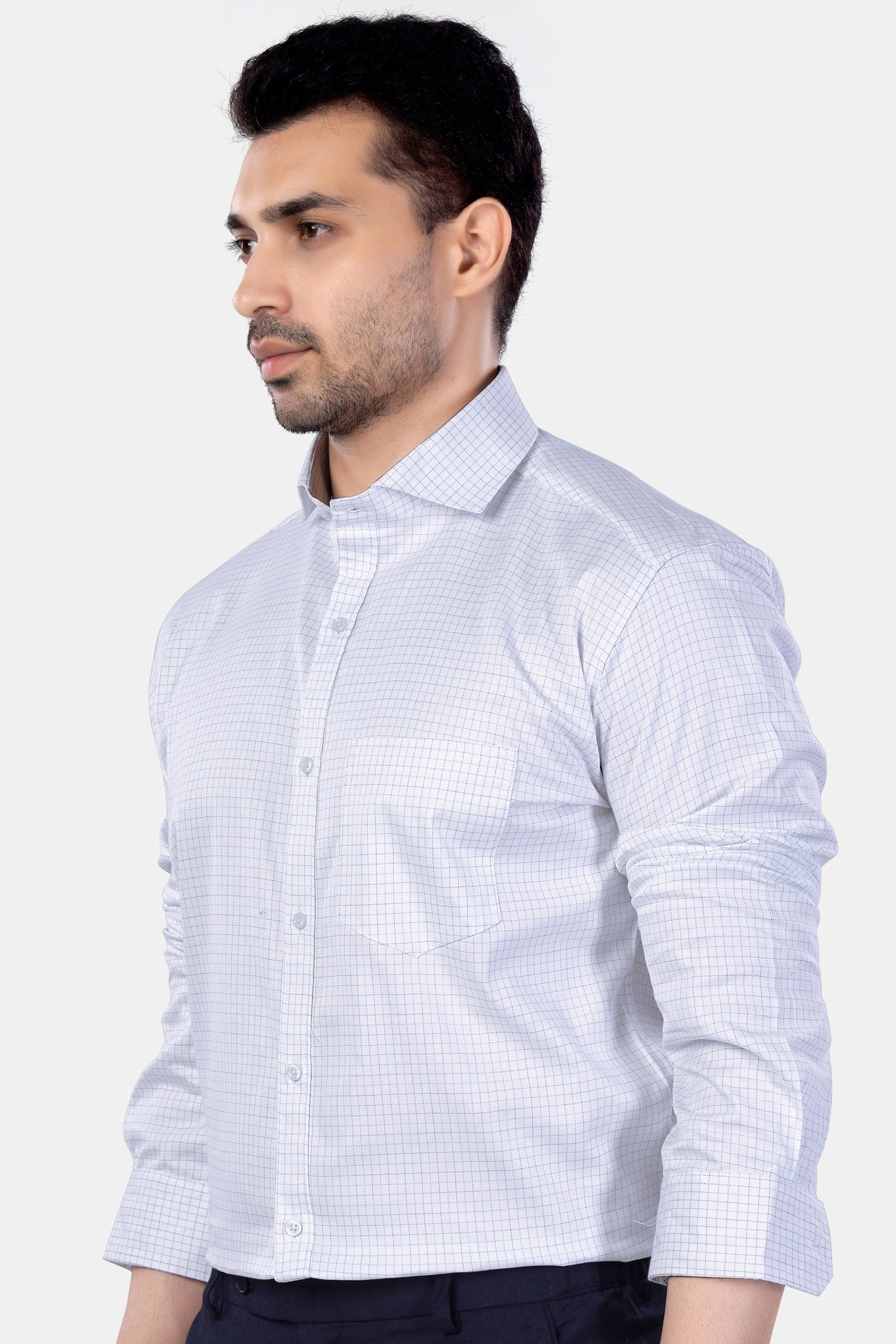 Bright White and Cloud Burst Blue Checkered Premium Cotton Shirt