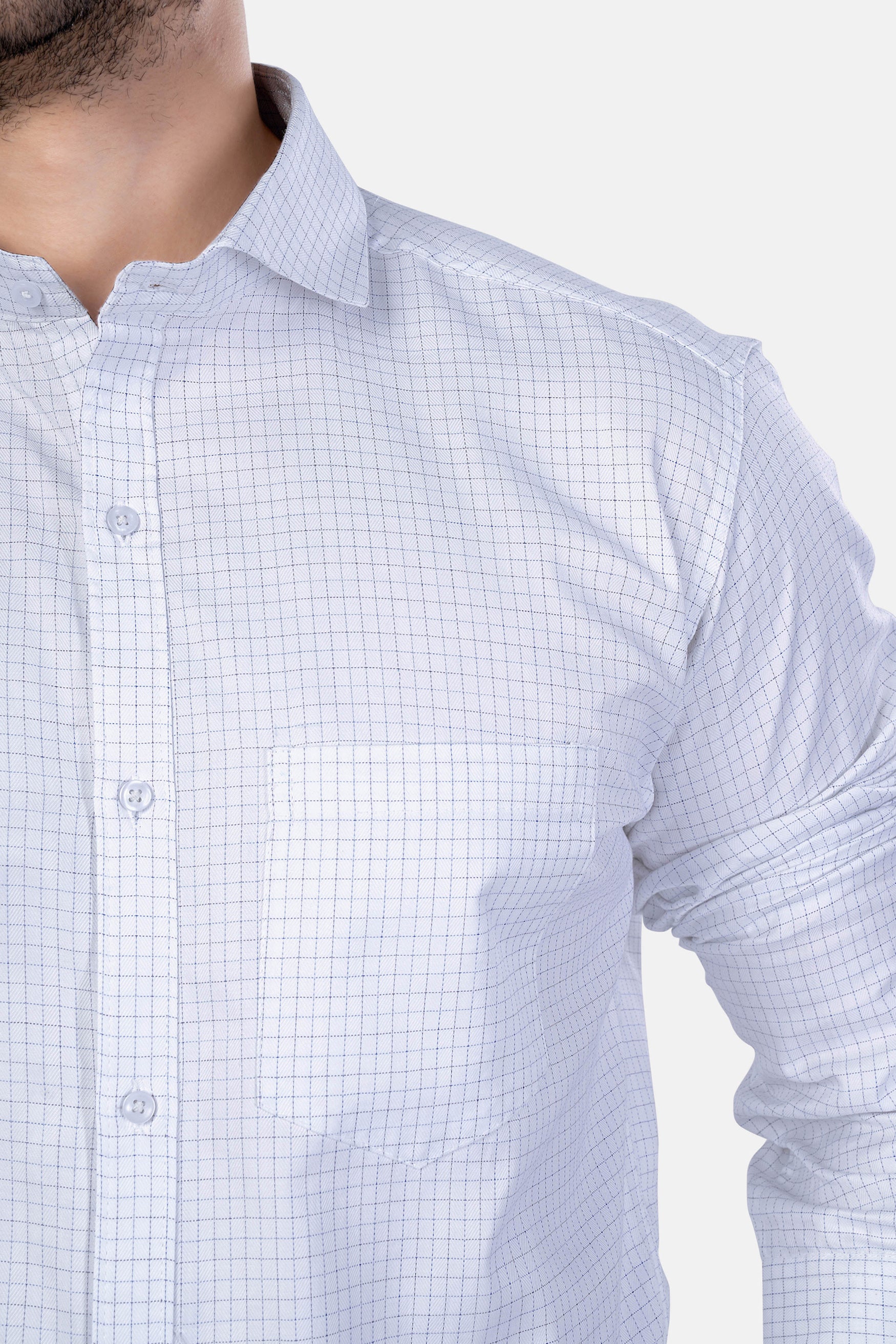 Bright White and Cloud Burst Blue Checkered Premium Cotton Shirt