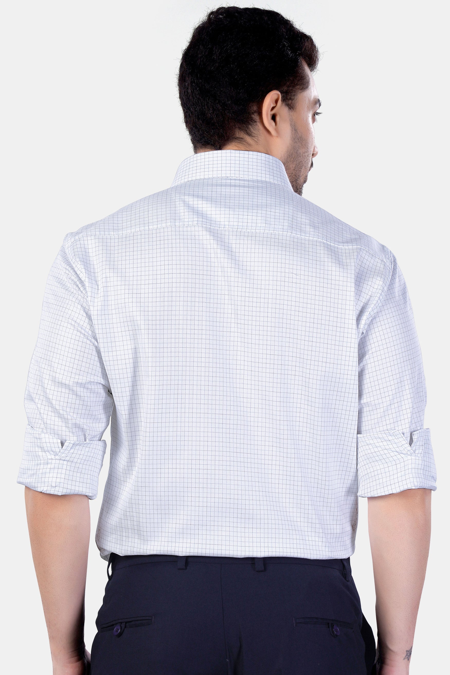 Bright White and Cloud Burst Blue Checkered Premium Cotton Shirt