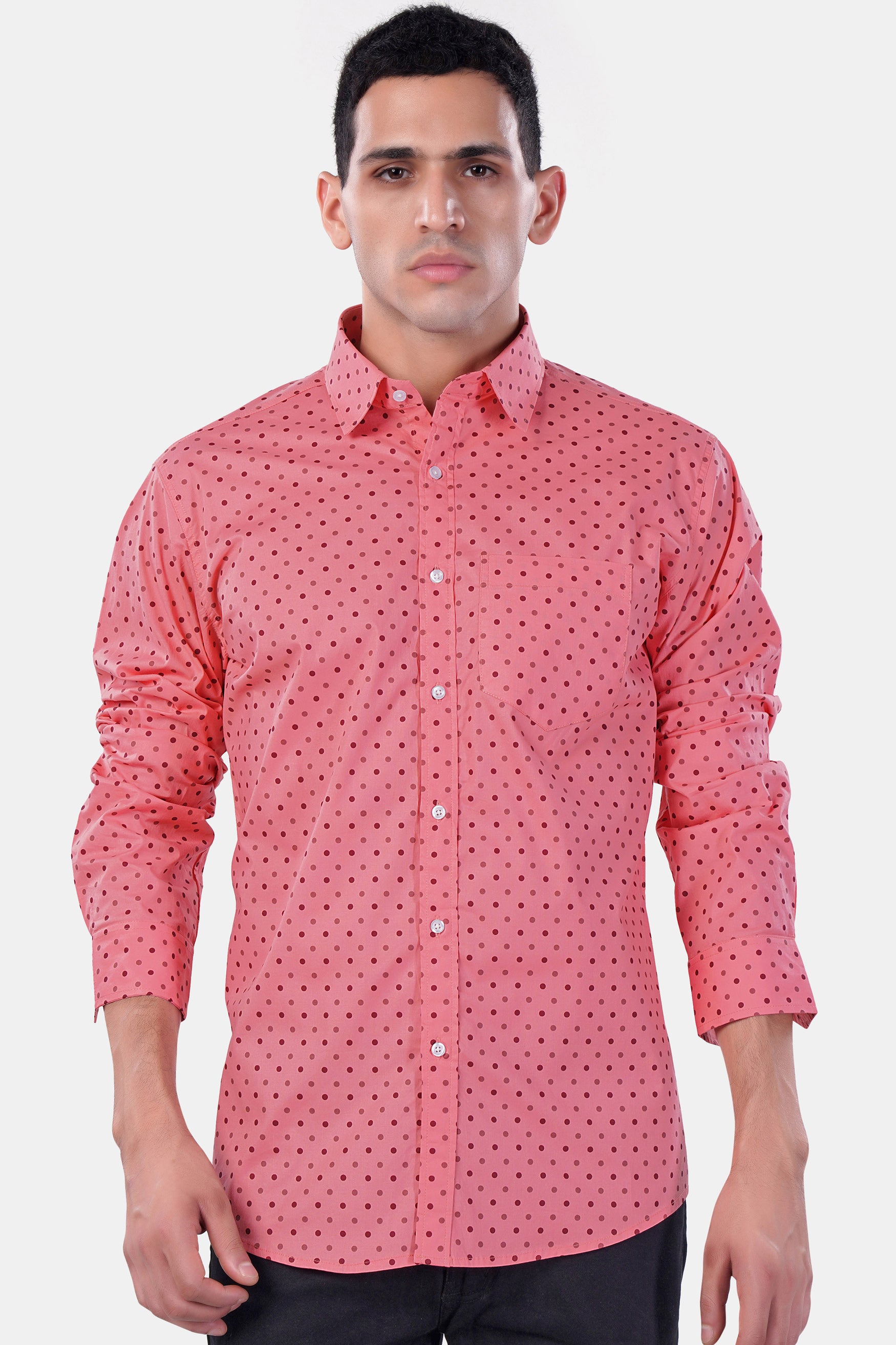 Blossom Pink with Claret Maroon Dotted Premium Cotton Shirt