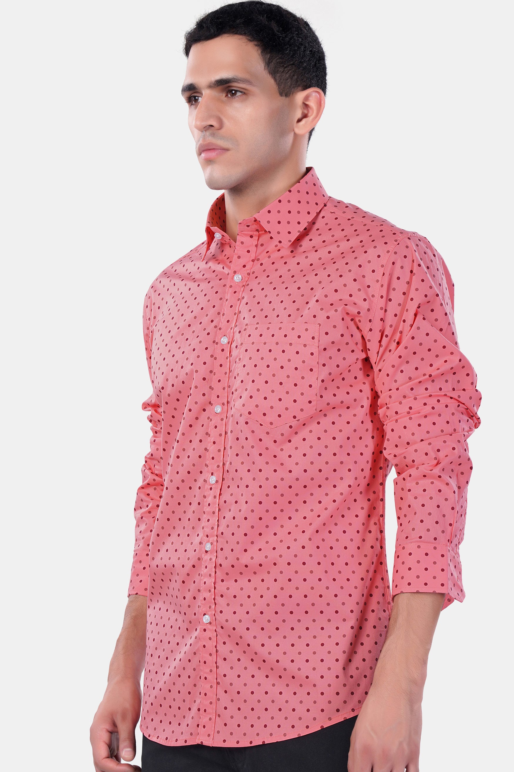 Blossom Pink with Claret Maroon Dotted Premium Cotton Shirt