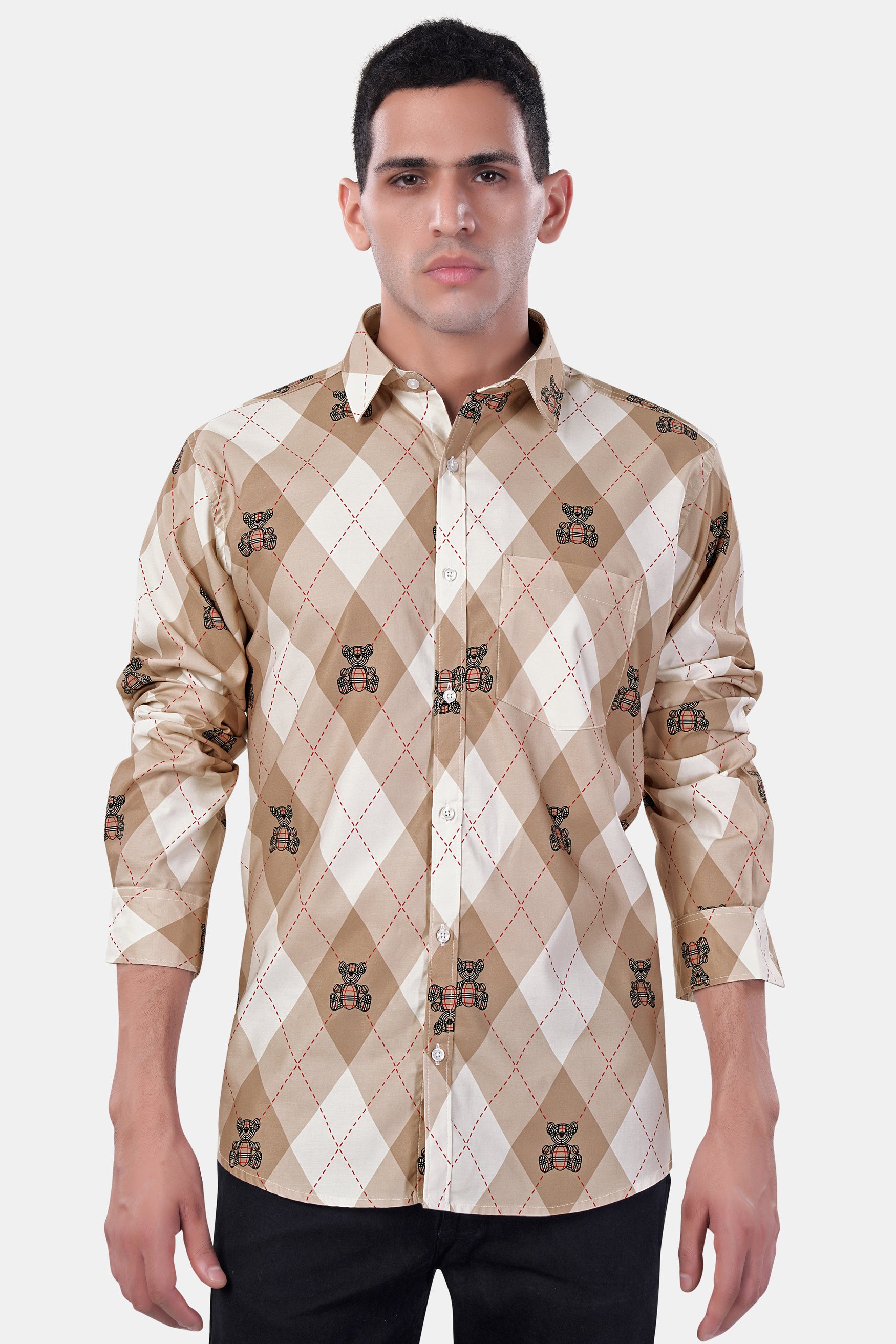 Beaver Brown and White Geometric with Teddy Bear Printed Premium Cotton Shirt