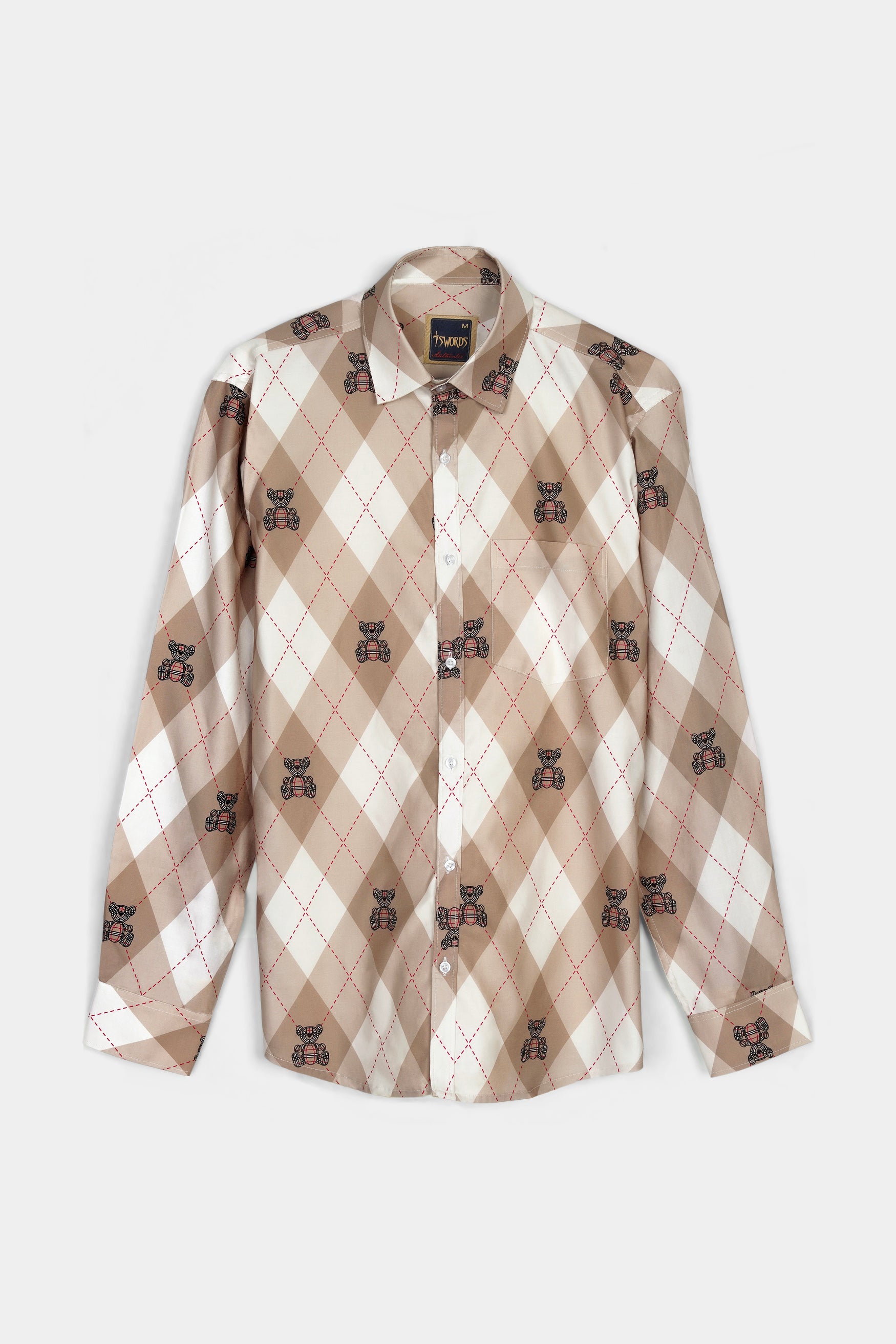 Beaver Brown and White Geometric with Teddy Bear Printed Premium Cotton Shirt