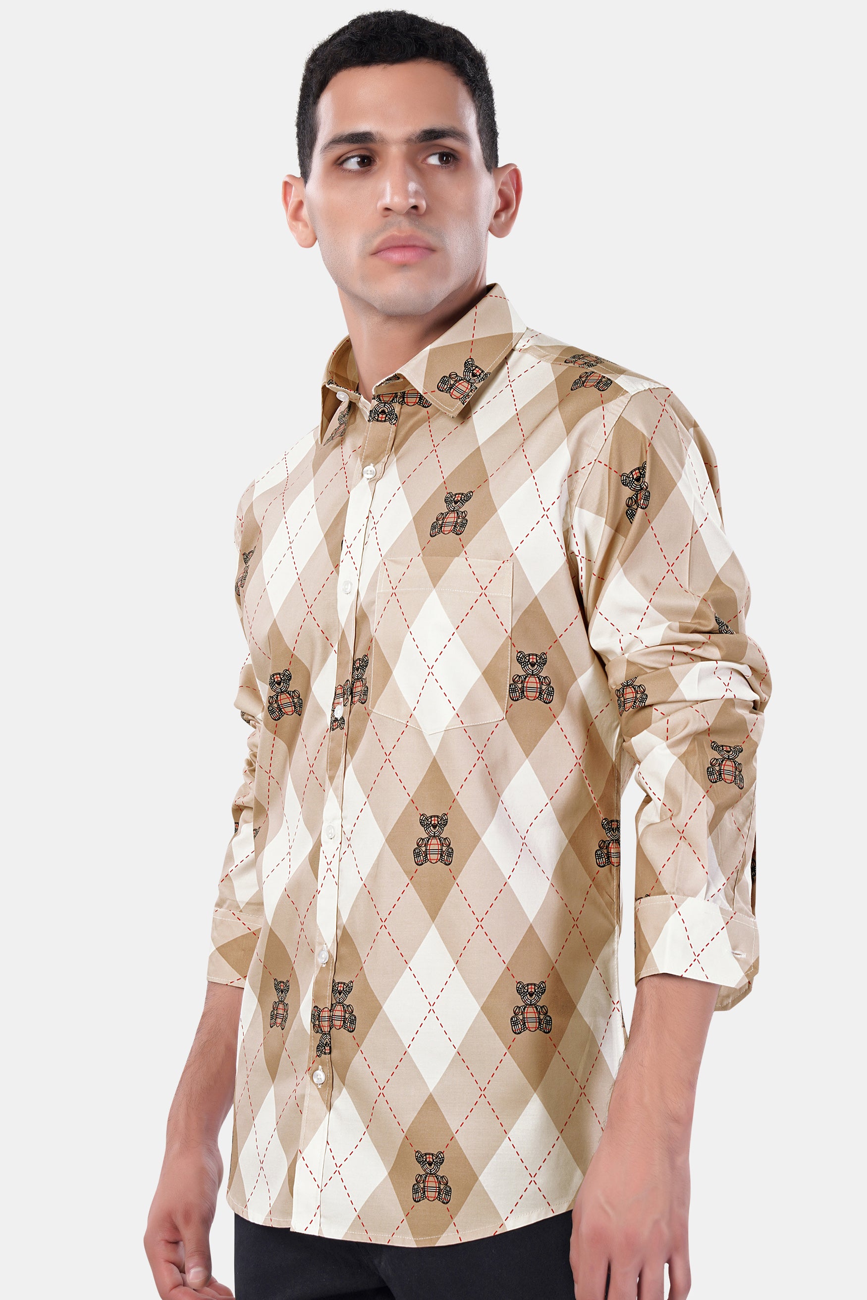 Beaver Brown and White Geometric with Teddy Bear Printed Premium Cotton Shirt