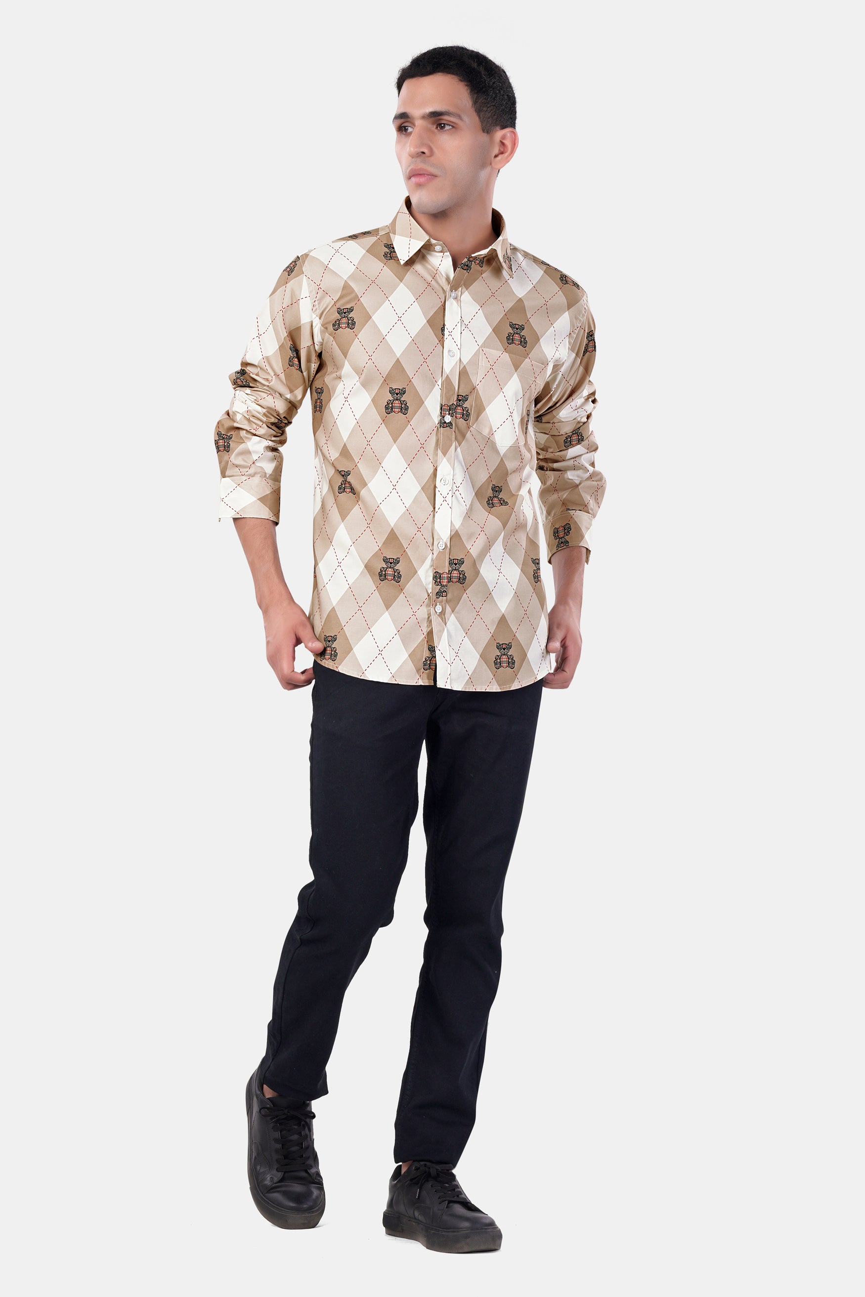 Beaver Brown and White Geometric with Teddy Bear Printed Premium Cotton Shirt