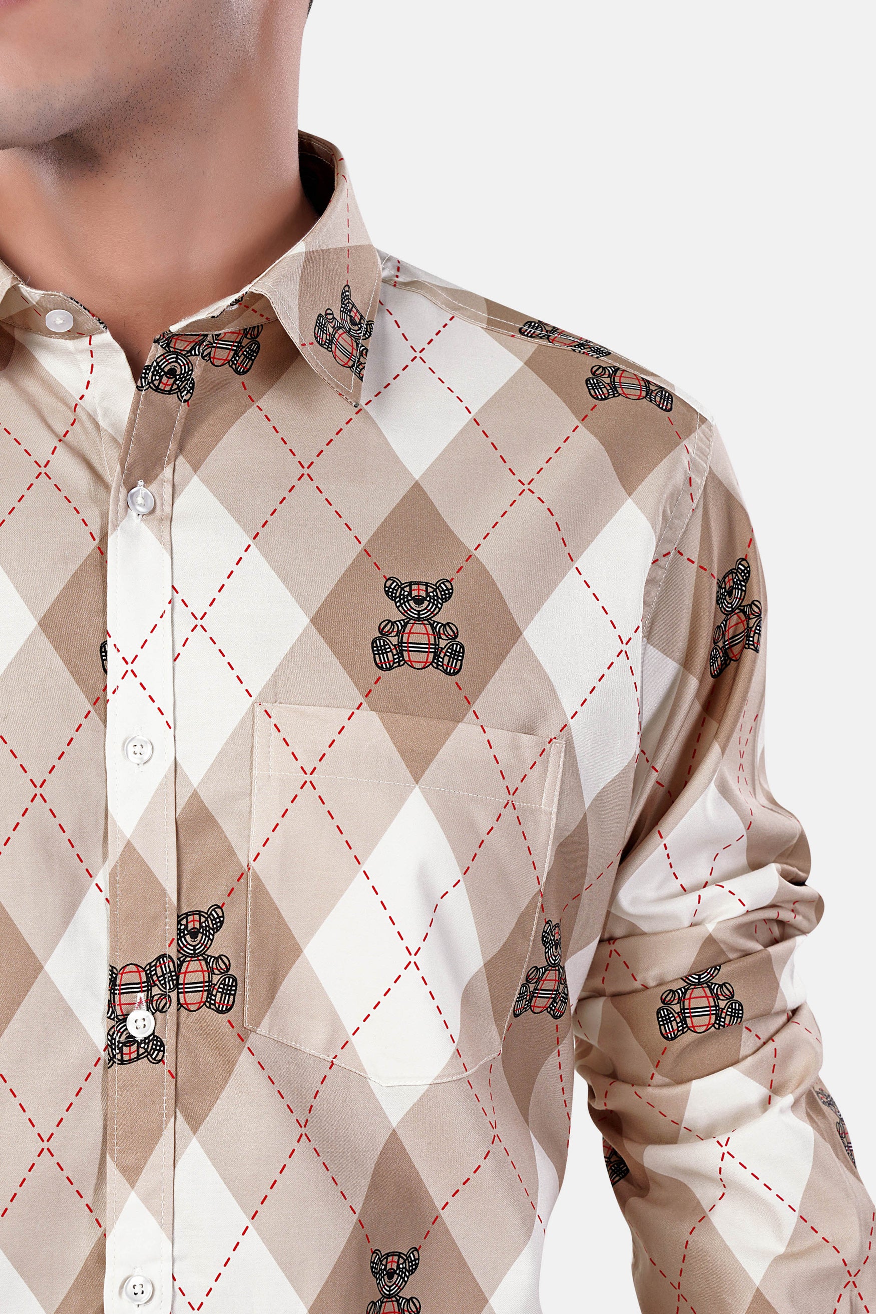 Beaver Brown and White Geometric with Teddy Bear Printed Premium Cotton Shirt