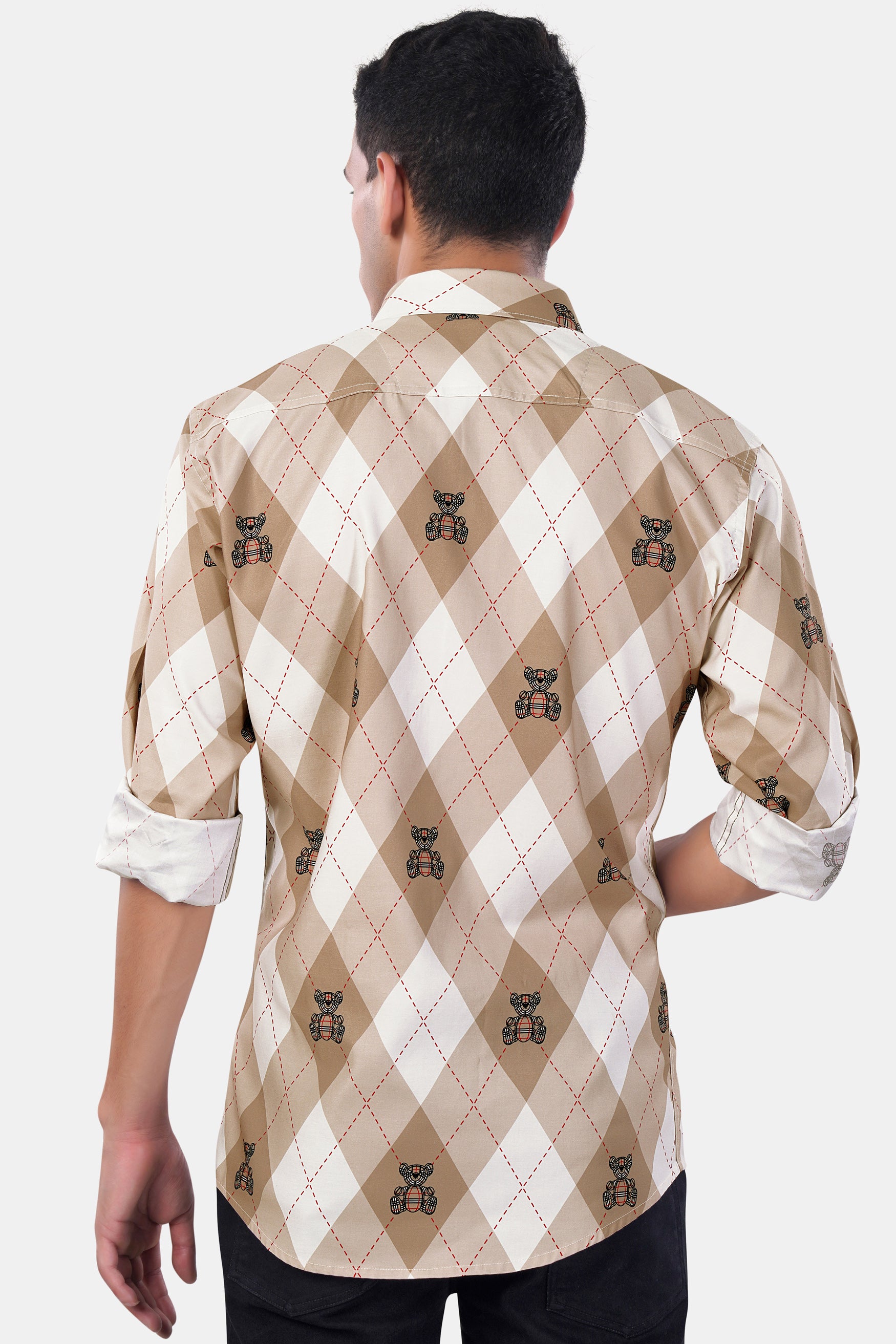 Beaver Brown and White Geometric with Teddy Bear Printed Premium Cotton Shirt