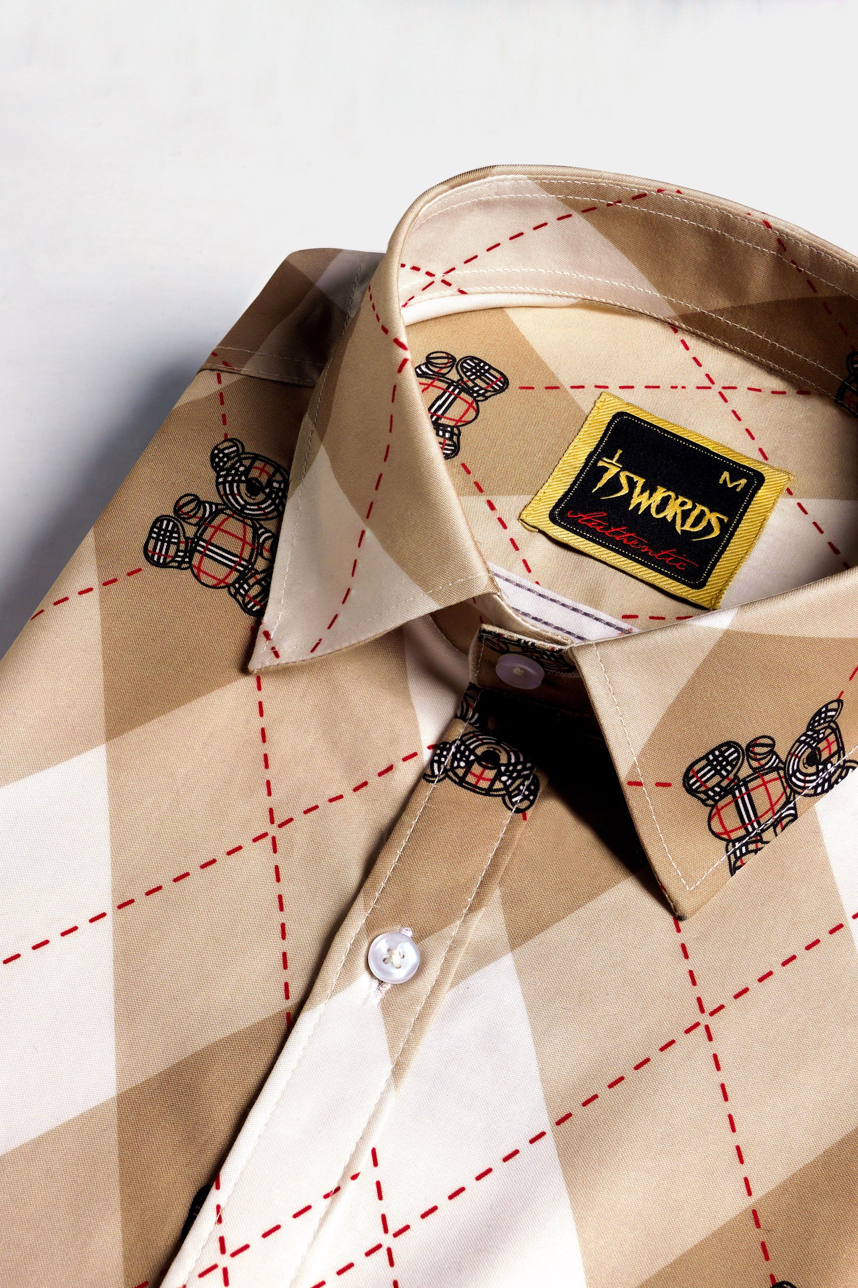 Beaver Brown and White Geometric with Teddy Bear Printed Premium Cotton Shirt