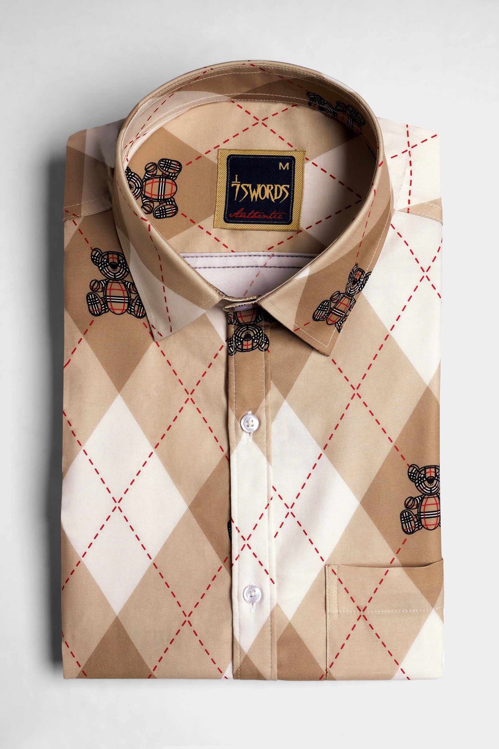 Beaver Brown and White Geometric with Teddy Bear Printed Premium Cotton Shirt