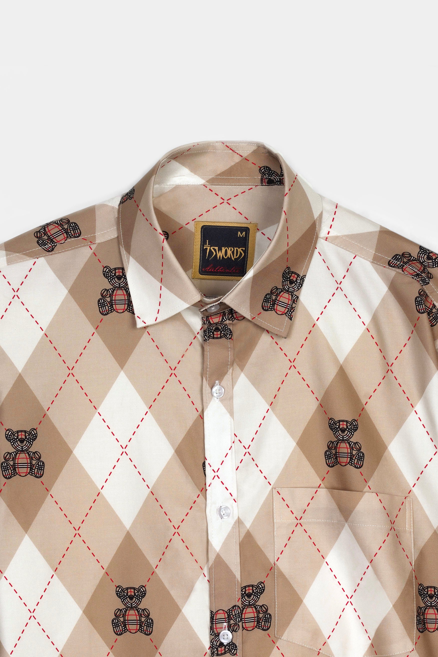 Beaver Brown and White Geometric with Teddy Bear Printed Premium Cotton Shirt