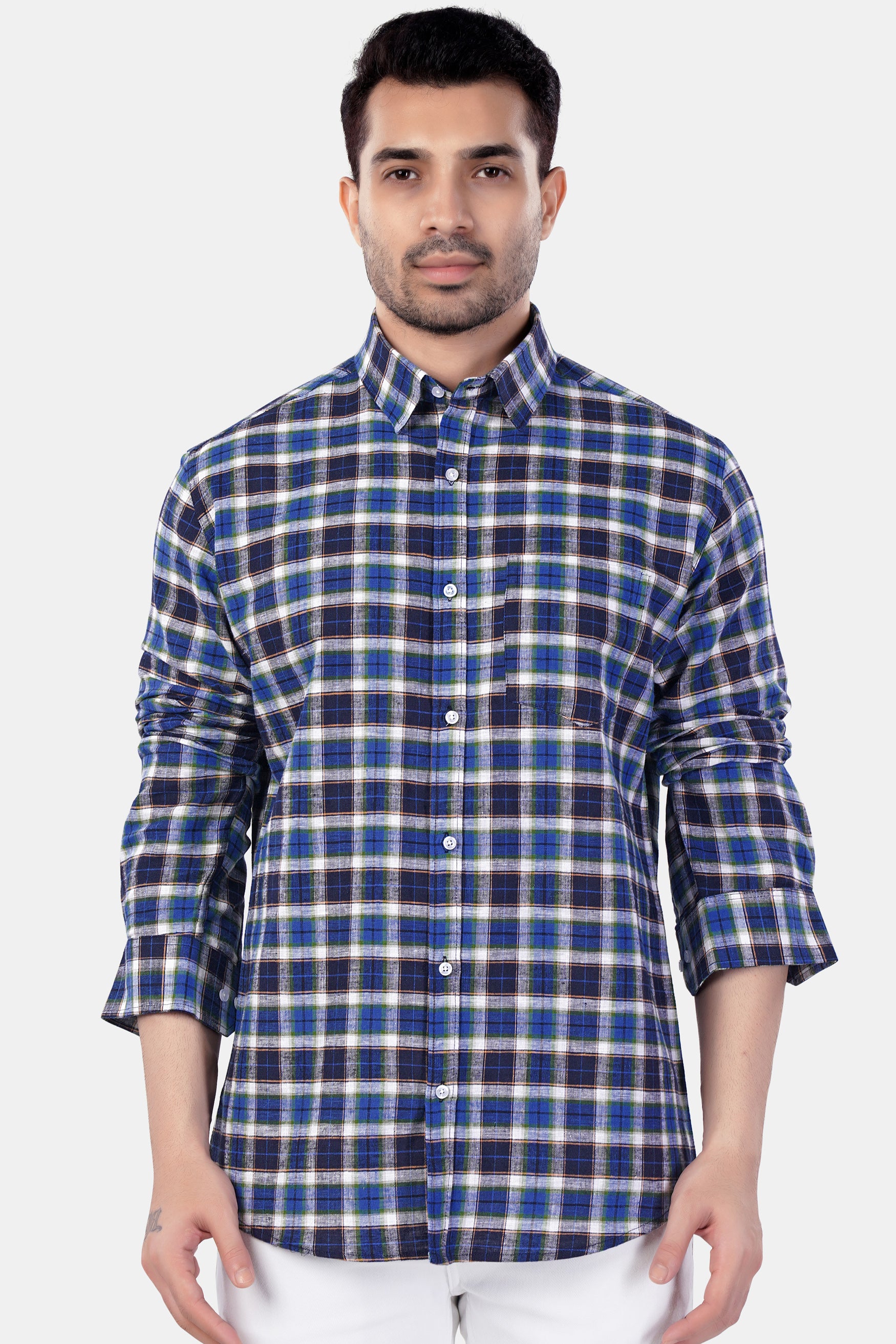 Haiti Blue with Azure Blue and White Plaid Premium Cotton Shirt