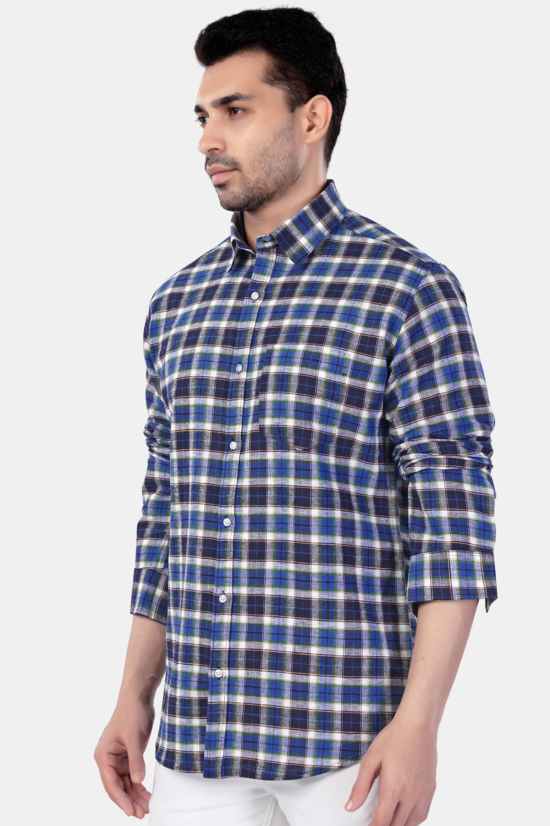 Haiti Blue with Azure Blue and White Plaid Premium Cotton Shirt