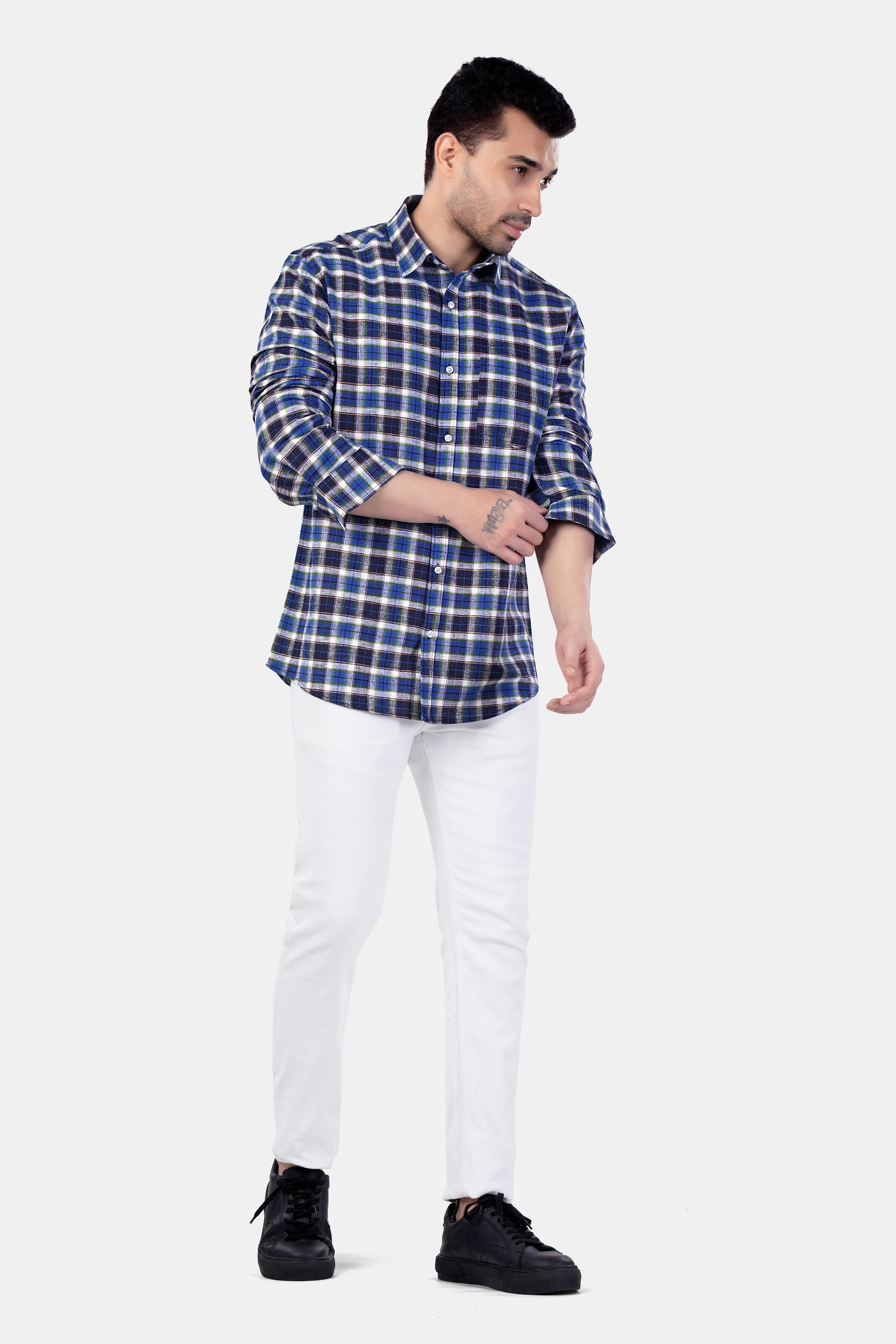 Haiti Blue with Azure Blue and White Plaid Premium Cotton Shirt