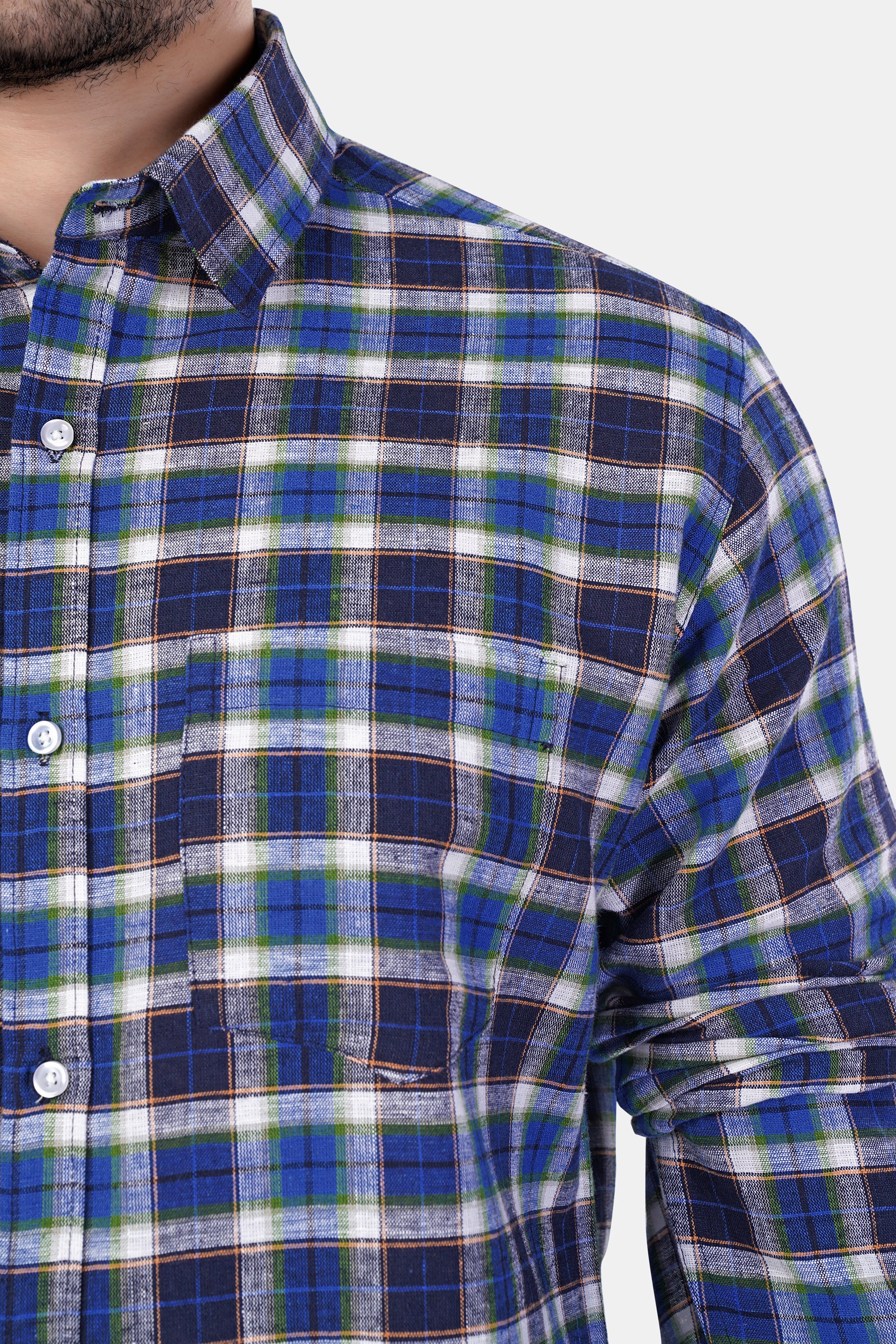 Haiti Blue with Azure Blue and White Plaid Premium Cotton Shirt