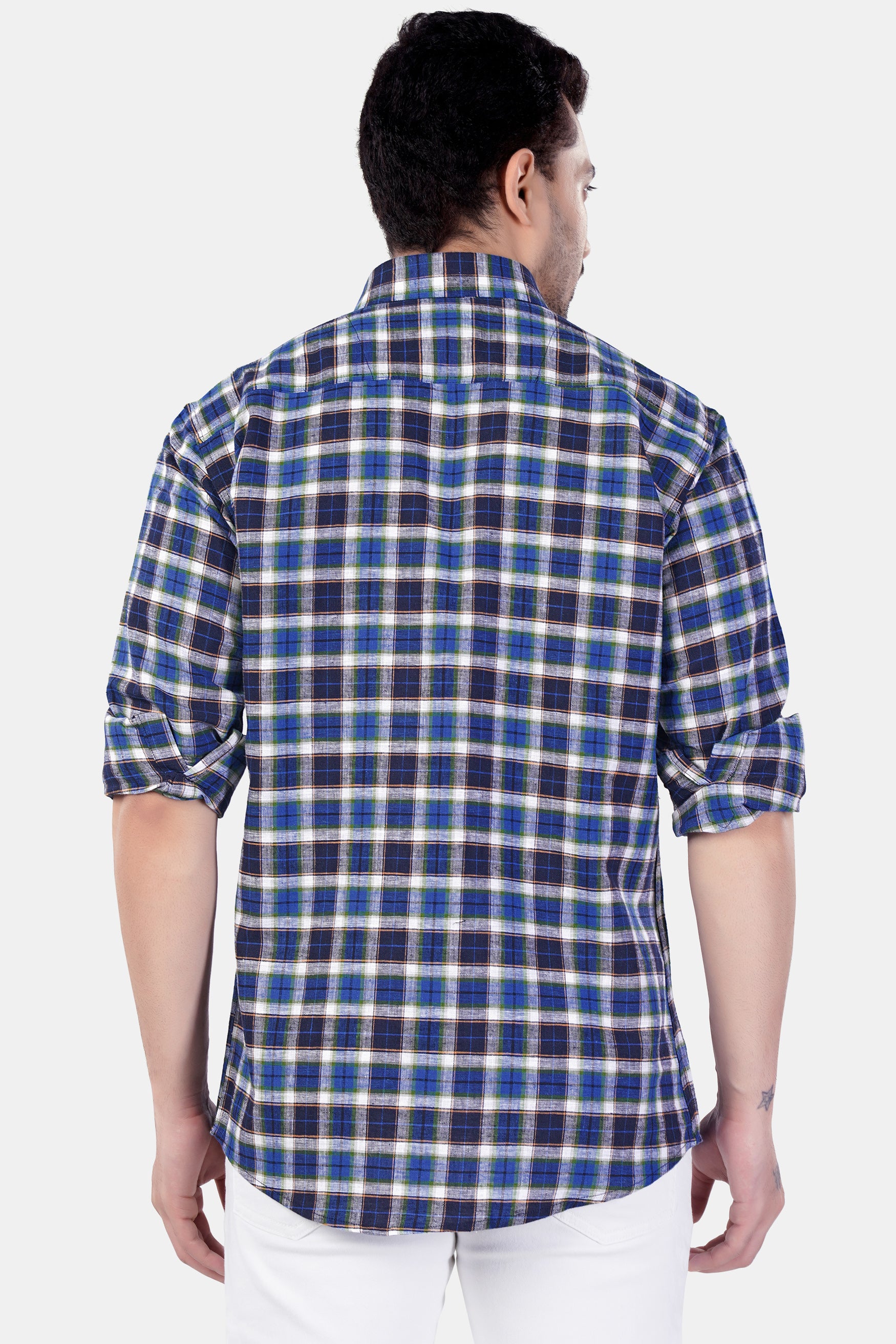 Haiti Blue with Azure Blue and White Plaid Premium Cotton Shirt