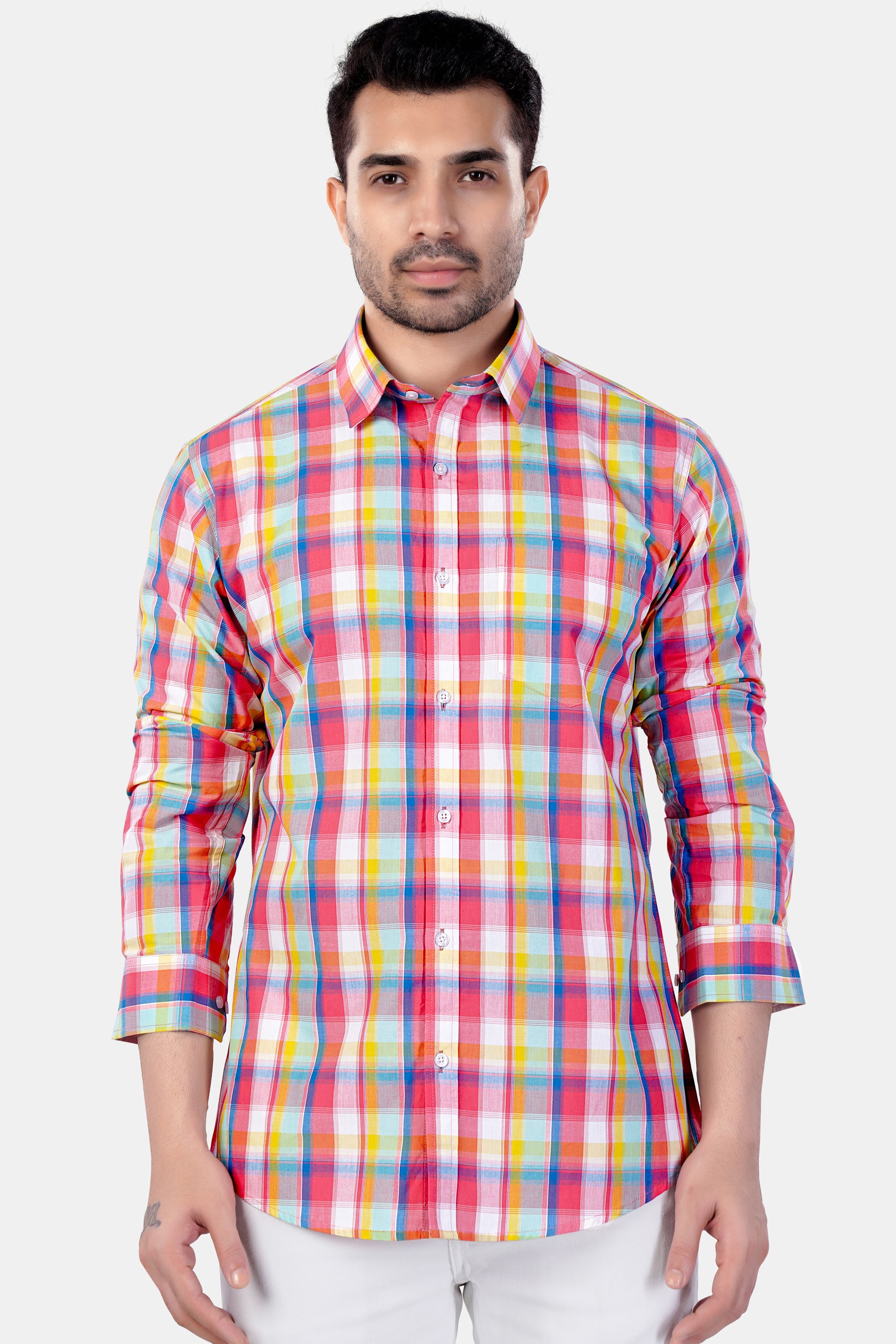 Mandy Pink with Sienna Orange and Glacier Blue Plaid Premium Cotton Shirt