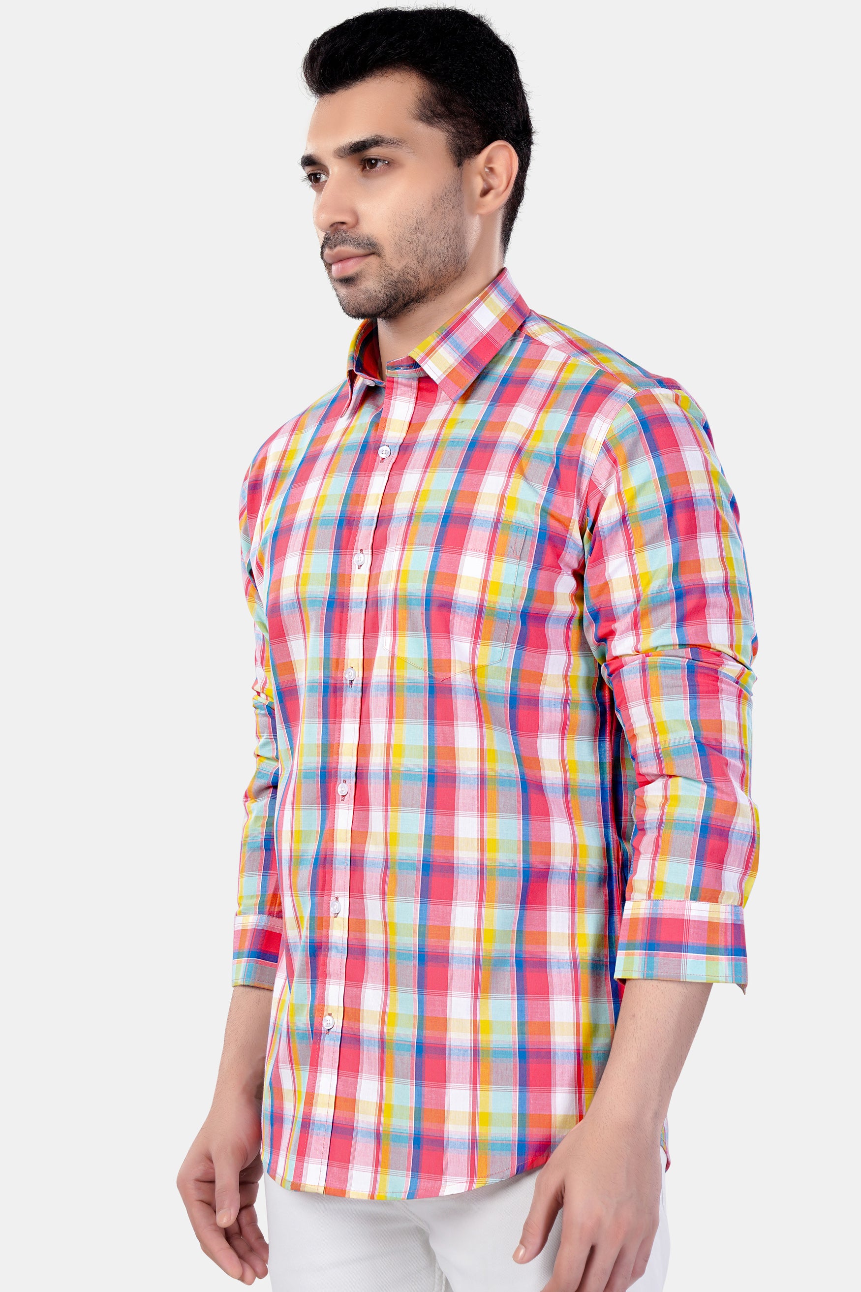 Mandy Pink with Sienna Orange and Glacier Blue Plaid Premium Cotton Shirt